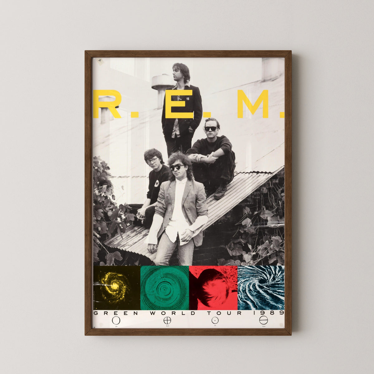 rem green world tour poster – darkwood frame mockup