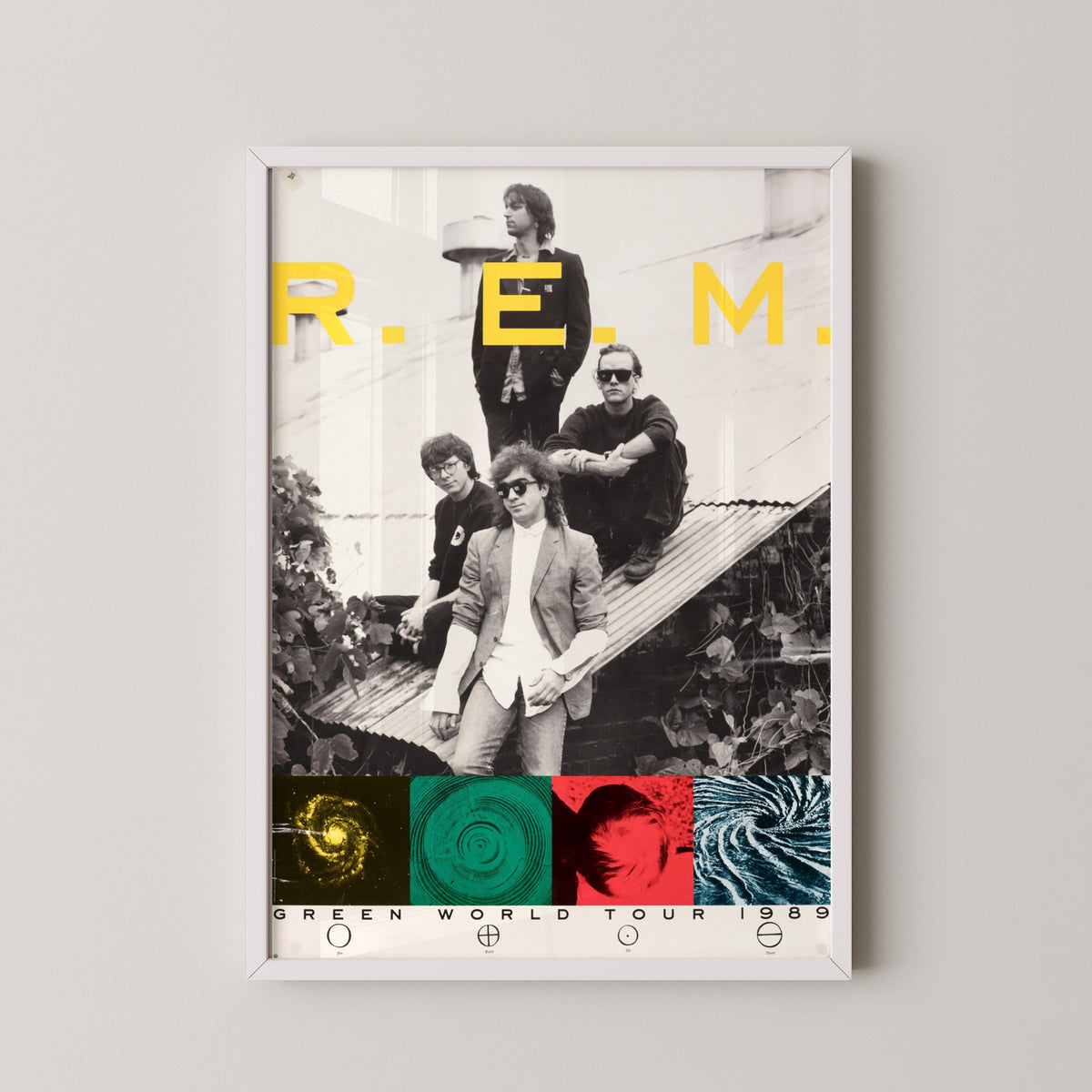 rem green world tour poster – white frame mockup