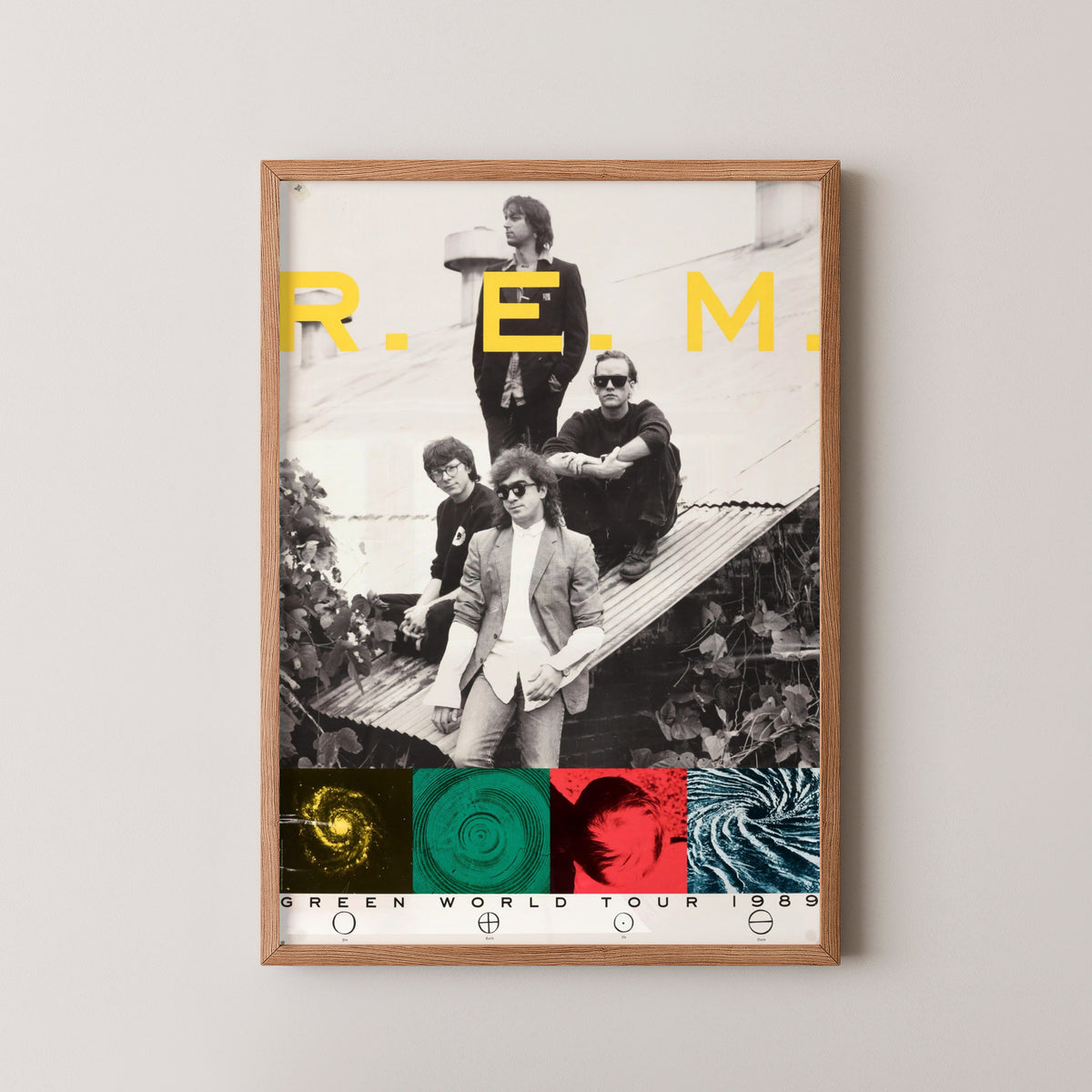 rem green world tour poster – wood frame mockup
