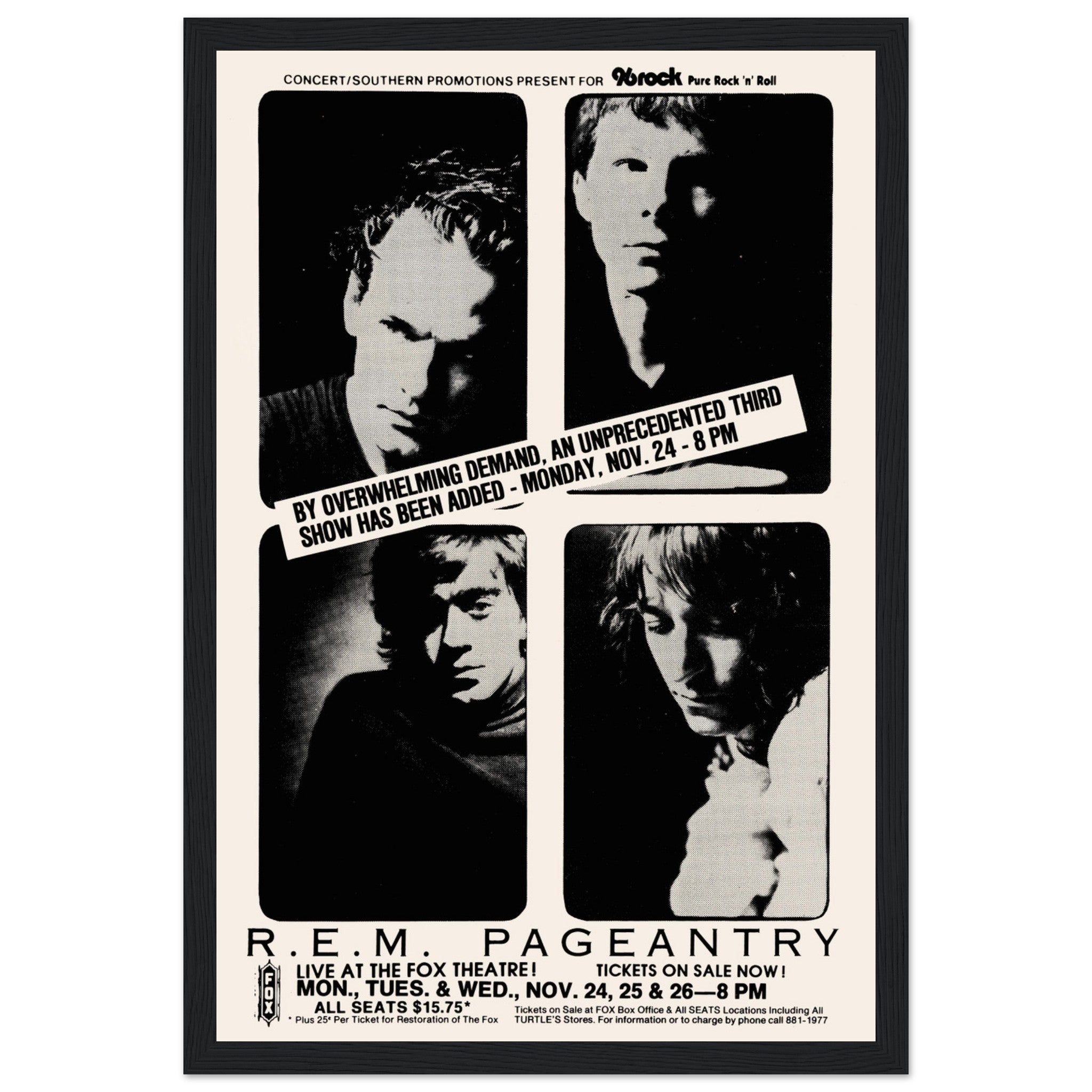 Relive the magic of R.E.M.’s Pageantry Tour (1986) with this authentic vintage concert poster. Featuring bold alternative rock aesthetics, this R.E.M. tour print is a perfect addition to any music lover’s collection, retro rock decor, or memorabilia display. Whether you're a fan of Michael Stipe’s poetic lyrics, the band's jangly guitar sound, or '80s rock nostalgia, this R.E.M. poster is a timeless tribute to an iconic era in alternative music.