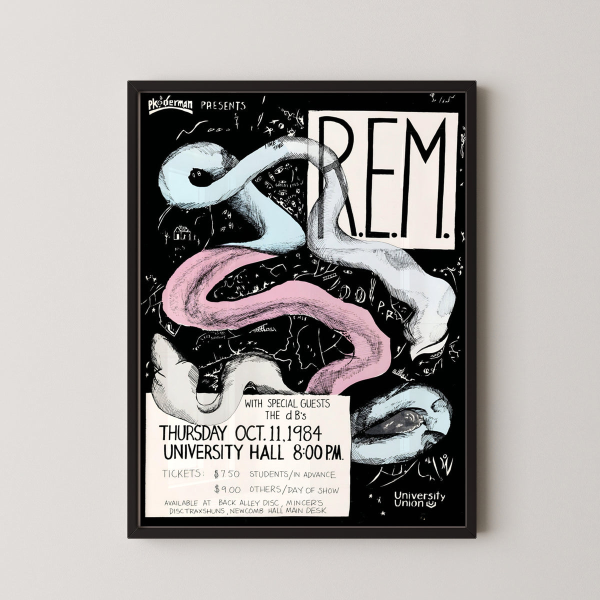 rem vintage concert poster – black frame mockup