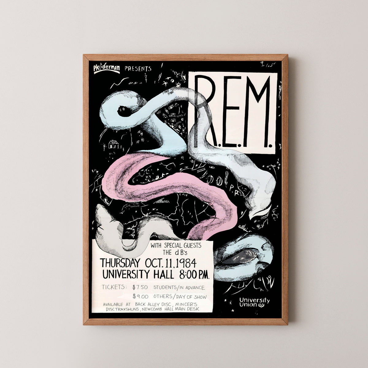 rem vintage concert poster – wood frame mockup