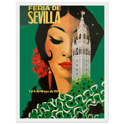Andalusian cultural fair poster with traditional flamenco woman and historic Giralda