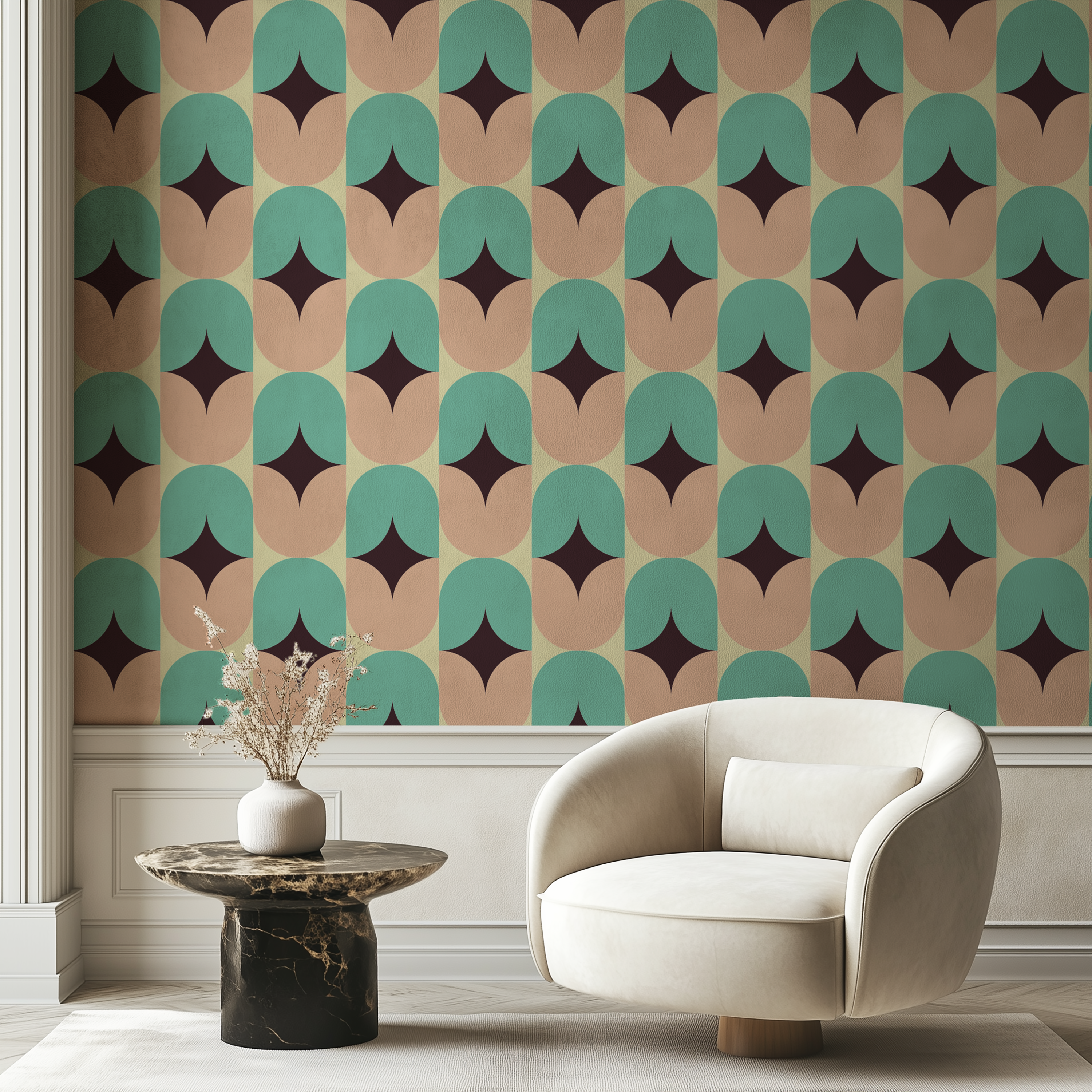 Retro arc geometric wallpaper with mid-century modern arches, abstract pattern, teal wallpaper, beige wallpaper, retro wallpaper, geometric wallpaper.
