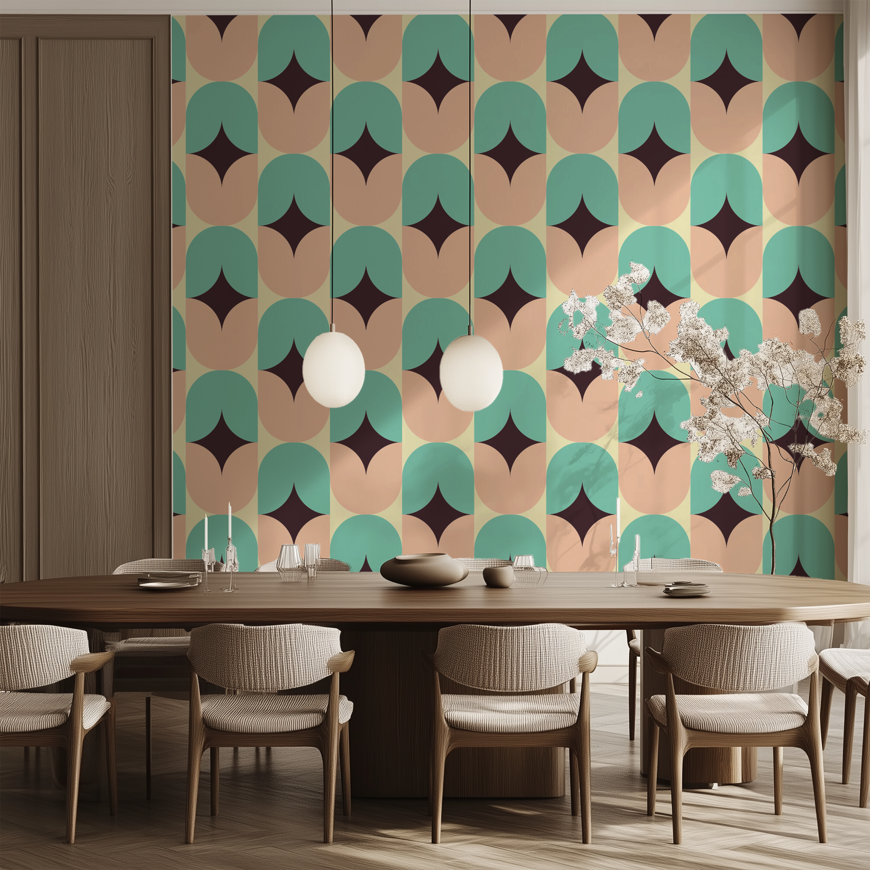 Mid-century modern geometric wallpaper featuring retro arches in teal, beige and brown with abstract repeating pattern.