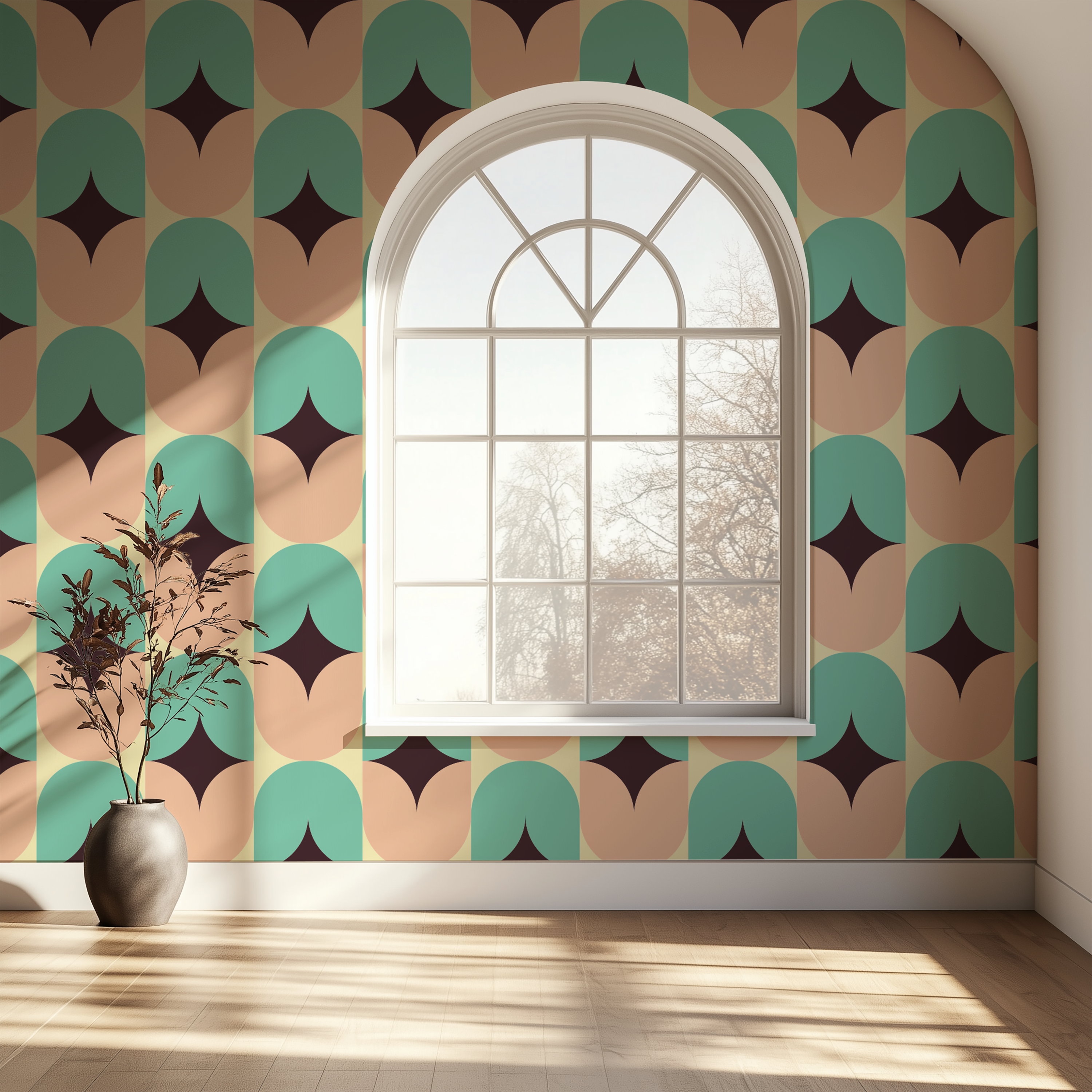Abstract retro geometric wallpaper with repeating arch pattern, vintage wallpaper, modern wallpaper and feature wall design.
