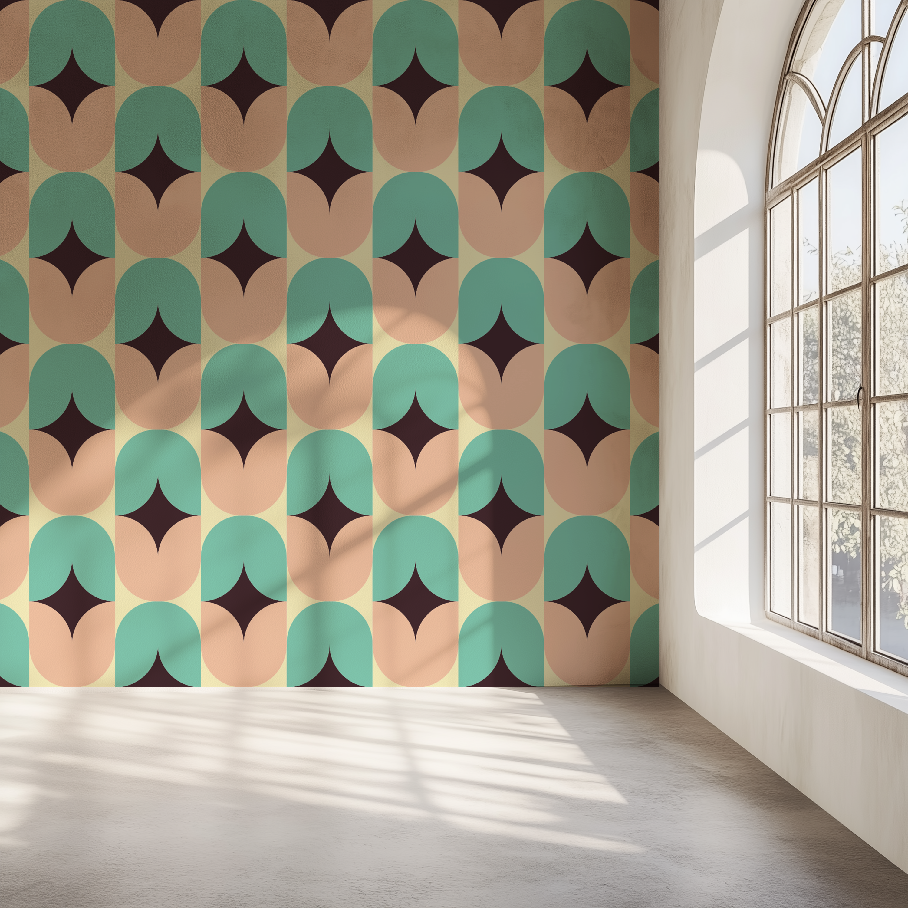 Geometric wallpaper inspired by mid-century modern interiors with teal arches, beige shapes and retro abstract design.