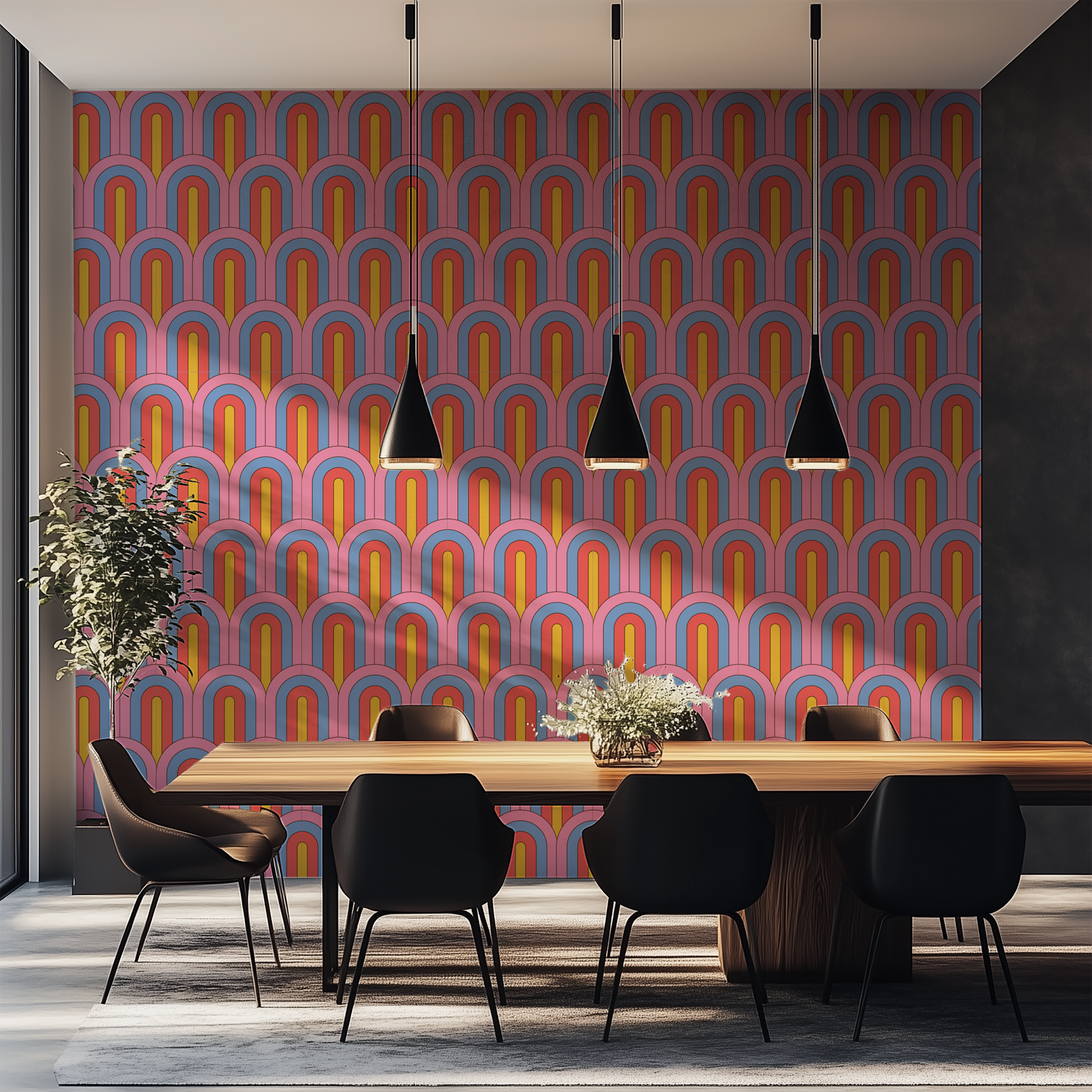 Retro geometric arch wallpaper inspired by Art Deco and Mid-Century Modern interior design.