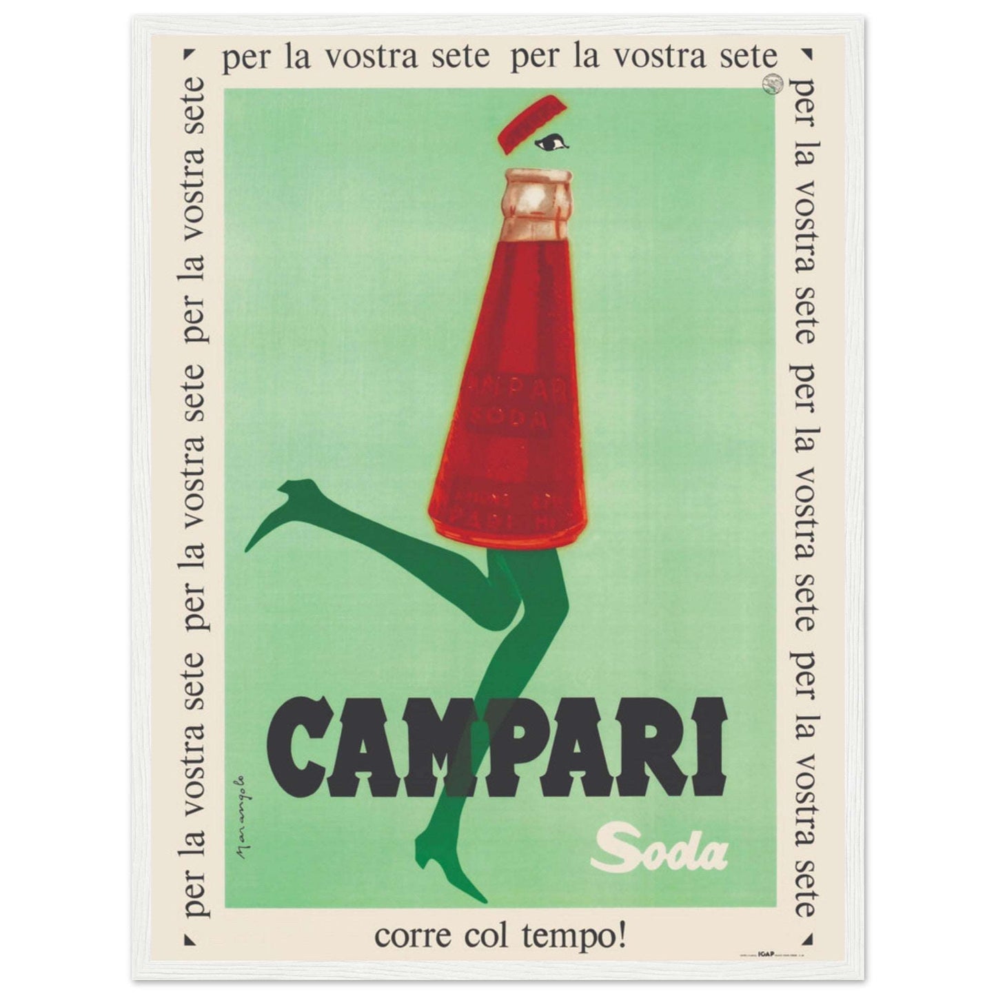 Retro Italian Campari drinks poster featuring classic soda bottle art and bold typography. A timeless piece of vintage advertising perfect for cocktail lovers and design enthusiasts.
