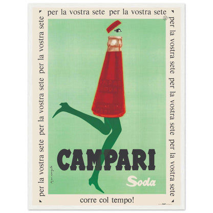 Retro Italian Campari drinks poster featuring classic soda bottle art and bold typography. A timeless piece of vintage advertising perfect for cocktail lovers and design enthusiasts.