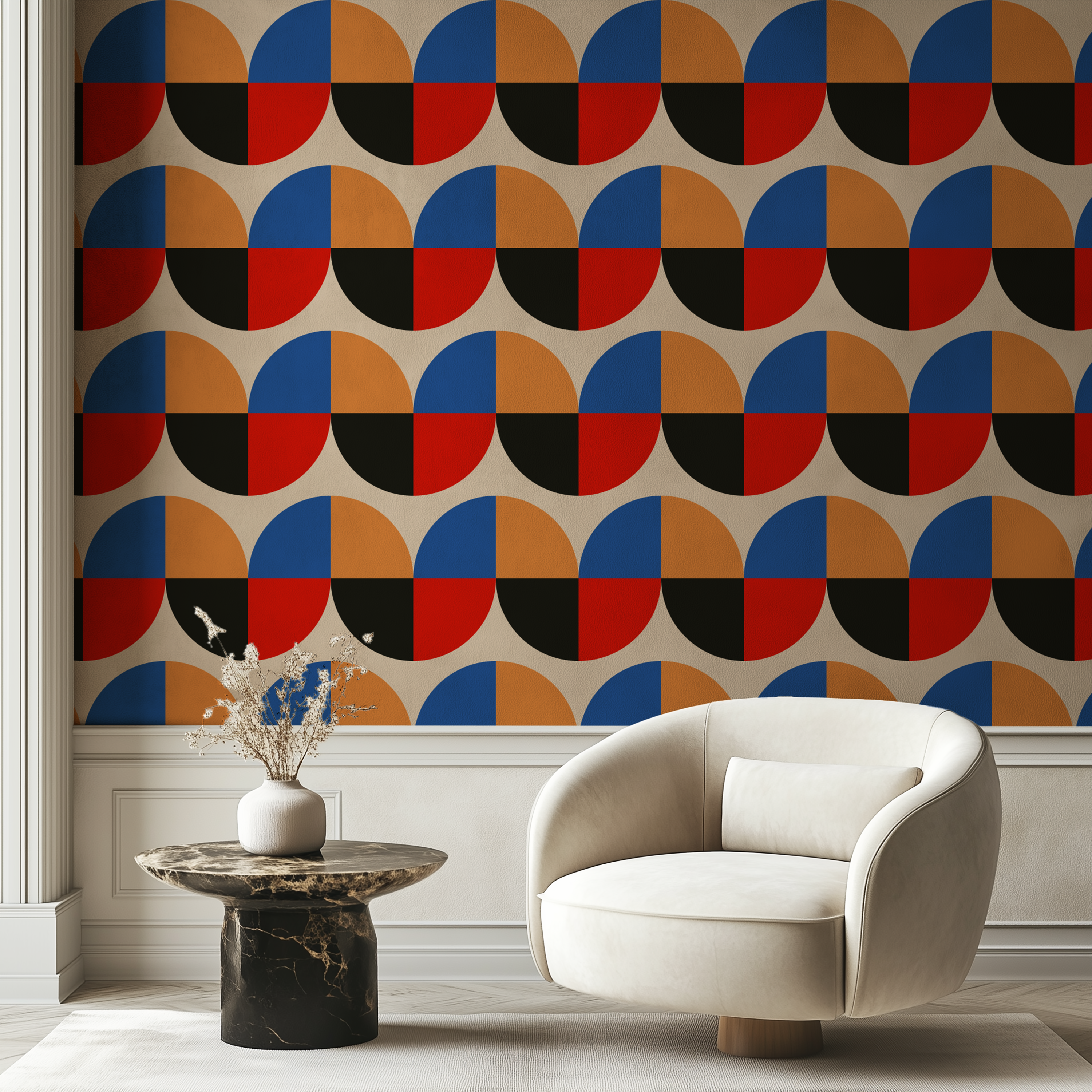 mid century wallpaper, retro circle wallpaper, geometric wall decor, luxury wallpaper, removable wallpaper, Scandinavian wallpaper