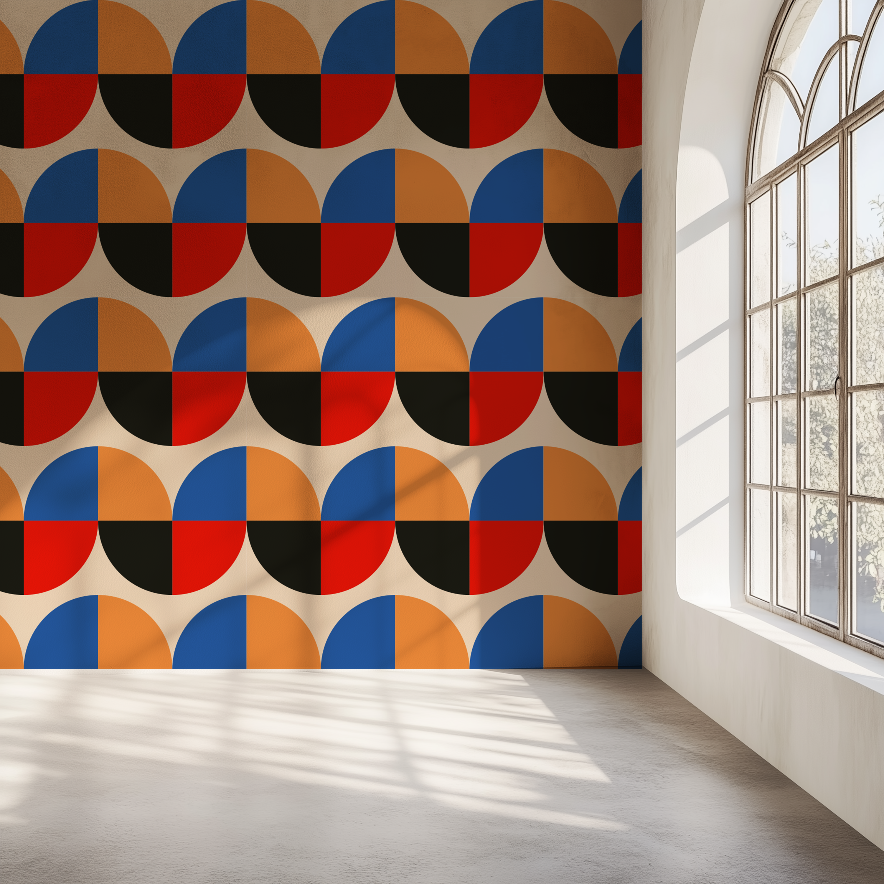 modern geometric wallpaper, retro graphic wallpaper, Bauhaus inspired wallpaper, abstract wall covering, premium wallpaper, contemporary wallpaper