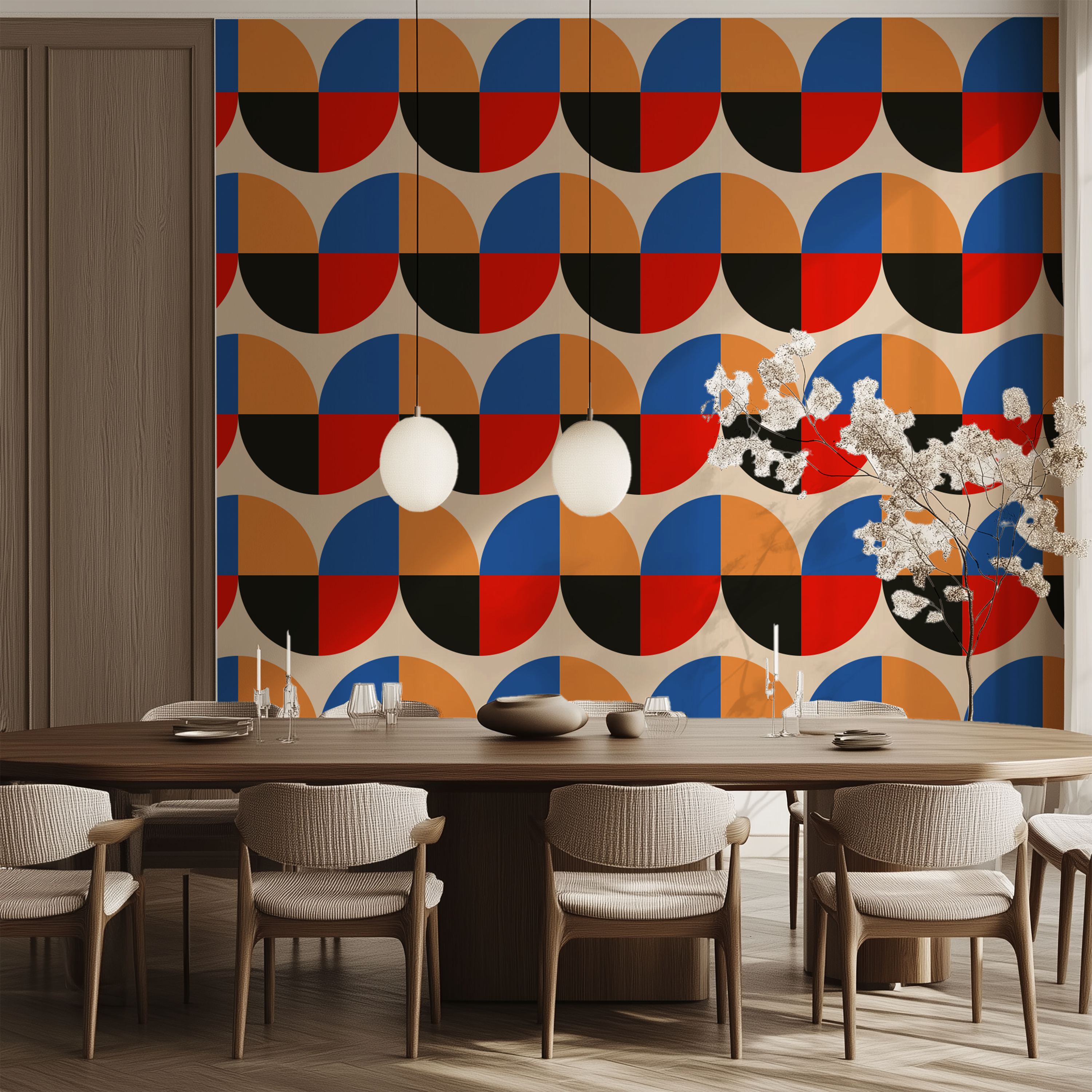 retro geometric wallpaper, color block wallpaper, circle wallpaper, mid century wallpaper, Bauhaus wallpaper, abstract wallpaper, modern wallpaper, geometric wall mural