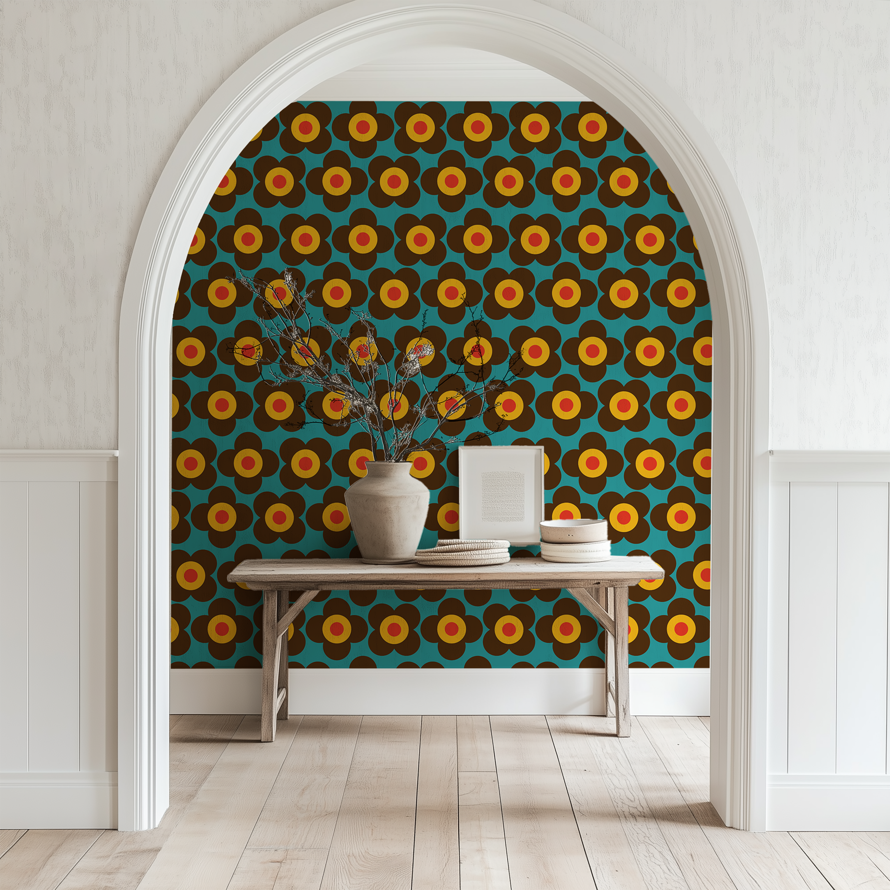 Retro Daisy Bloom Wallpaper featuring geometric 70s flowers on a vibrant teal background.