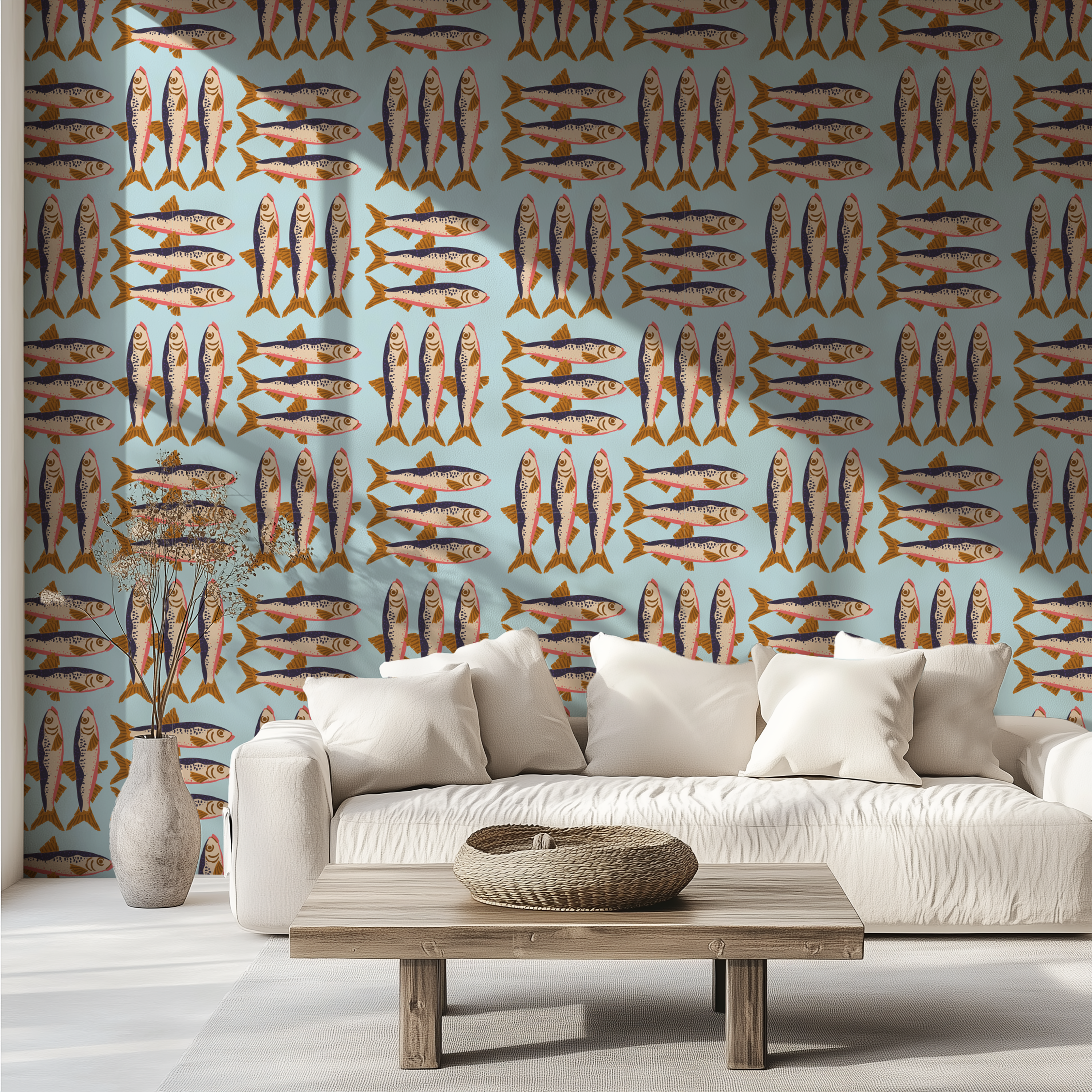 Nautical wallpaper, seafood wallpaper, Mediterranean decor, fish illustration wallpaper, non woven wallpaper