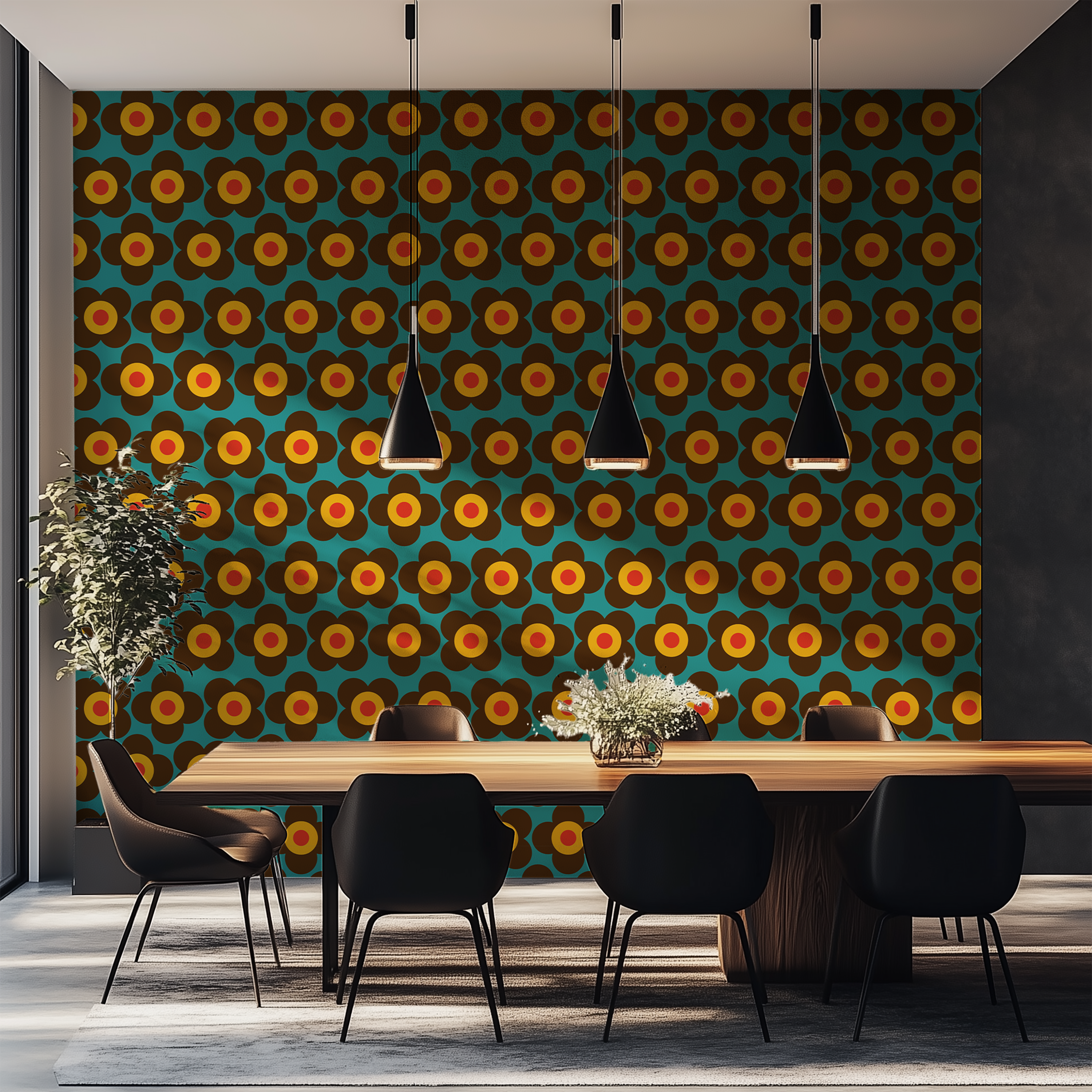 Retro geometric floral wallpaper inspired by Flower Power and Mid-Century Modern interiors.