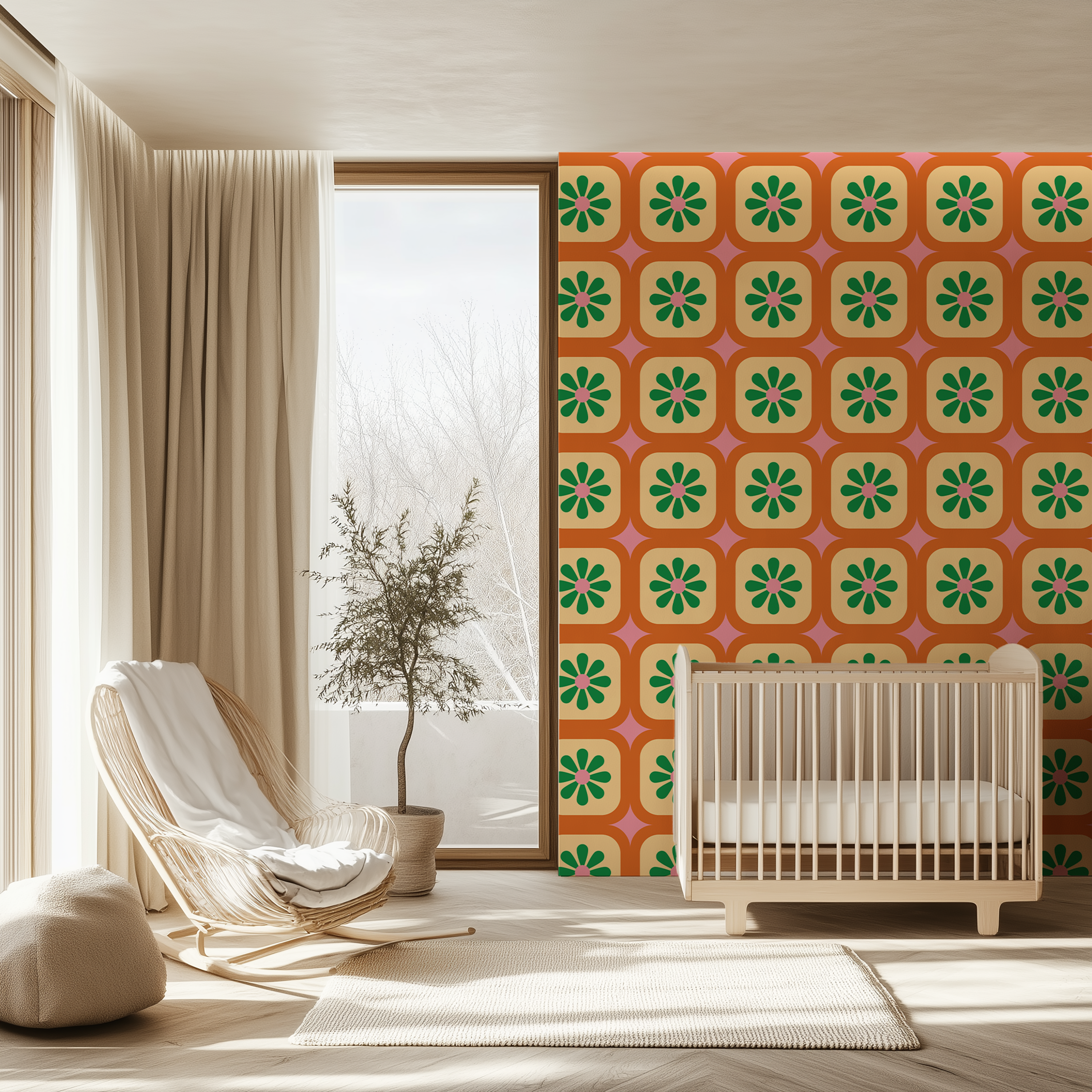 Retro flower wallpaper with geometric square layout inspired by Mid-Century Modern interiors.