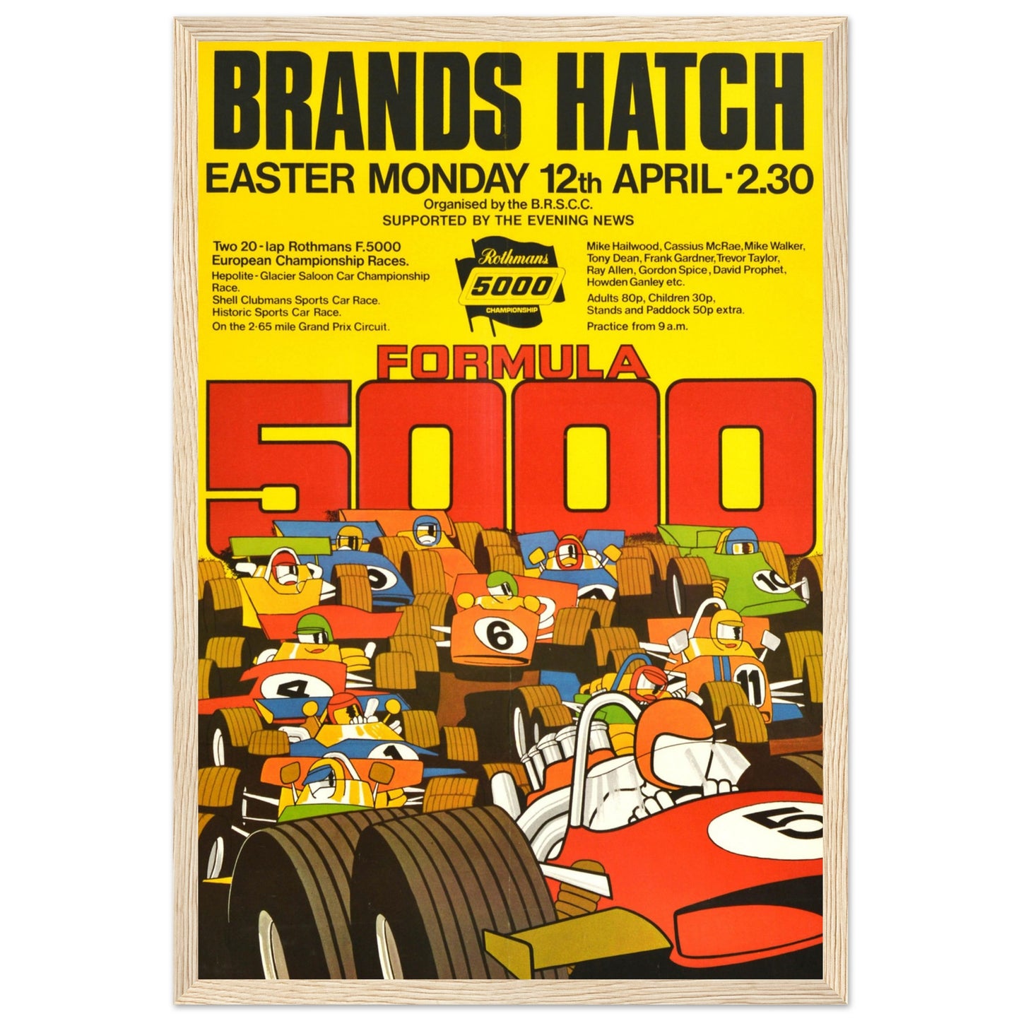 Retro motorsport poster featuring Formula 5000 cars in dynamic artwork — a collectible print for vintage racing lovers.