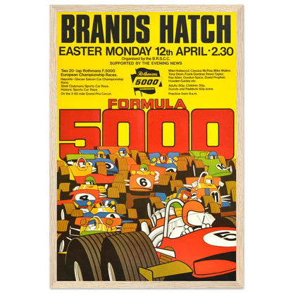 Retro motorsport poster featuring Formula 5000 cars in dynamic artwork — a collectible print for vintage racing lovers.