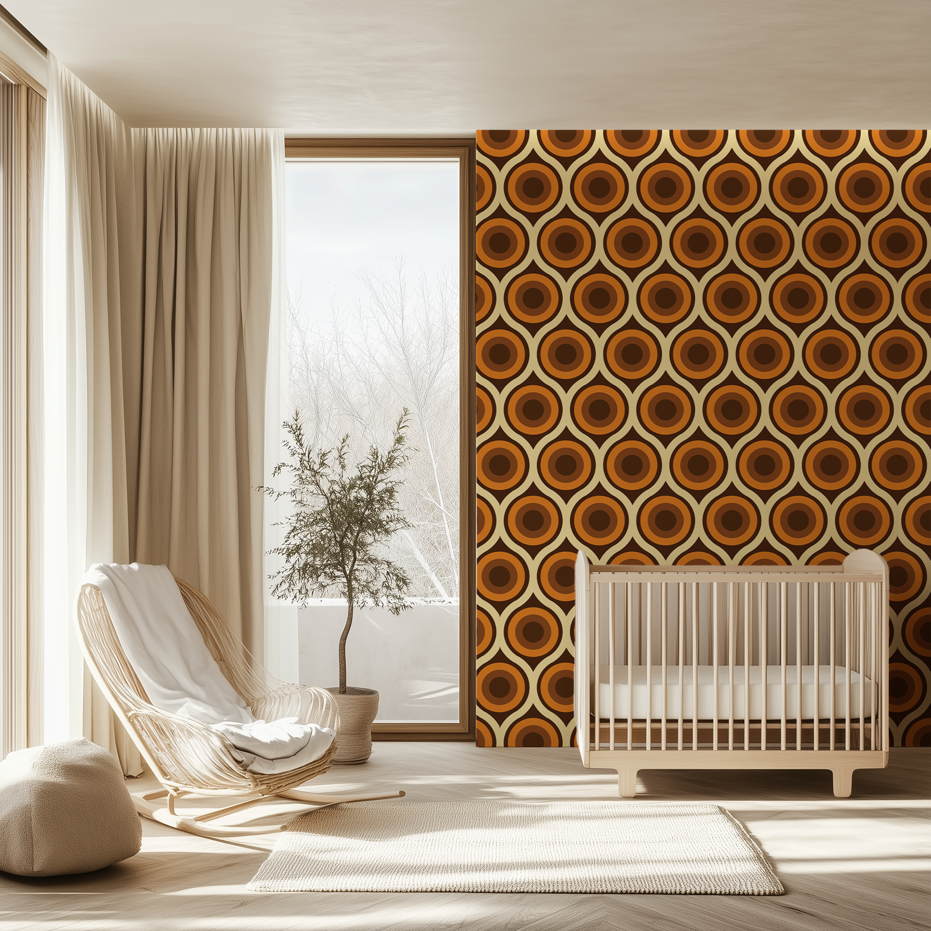 Retro geometric wallpaper with bold circular patterns for modern interiors.
