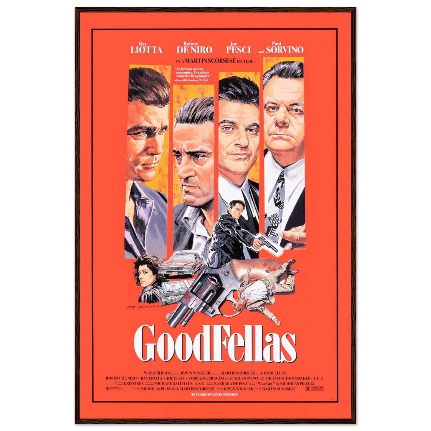 Retro mafia movie artwork from Goodfellas with illustrated characters and gun imagery