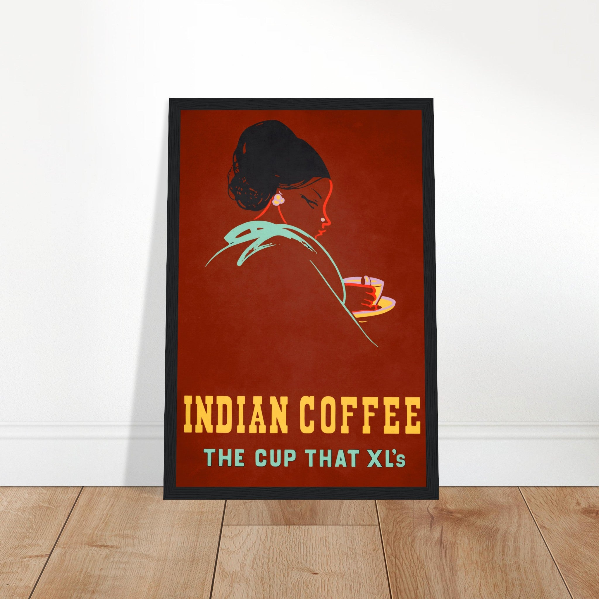 Retro 1950s Indian Coffee Board poster promoting 'The Cup That XL’s' with bold blue and yellow lettering and a vibrant illustration of a woman drinking coffee.