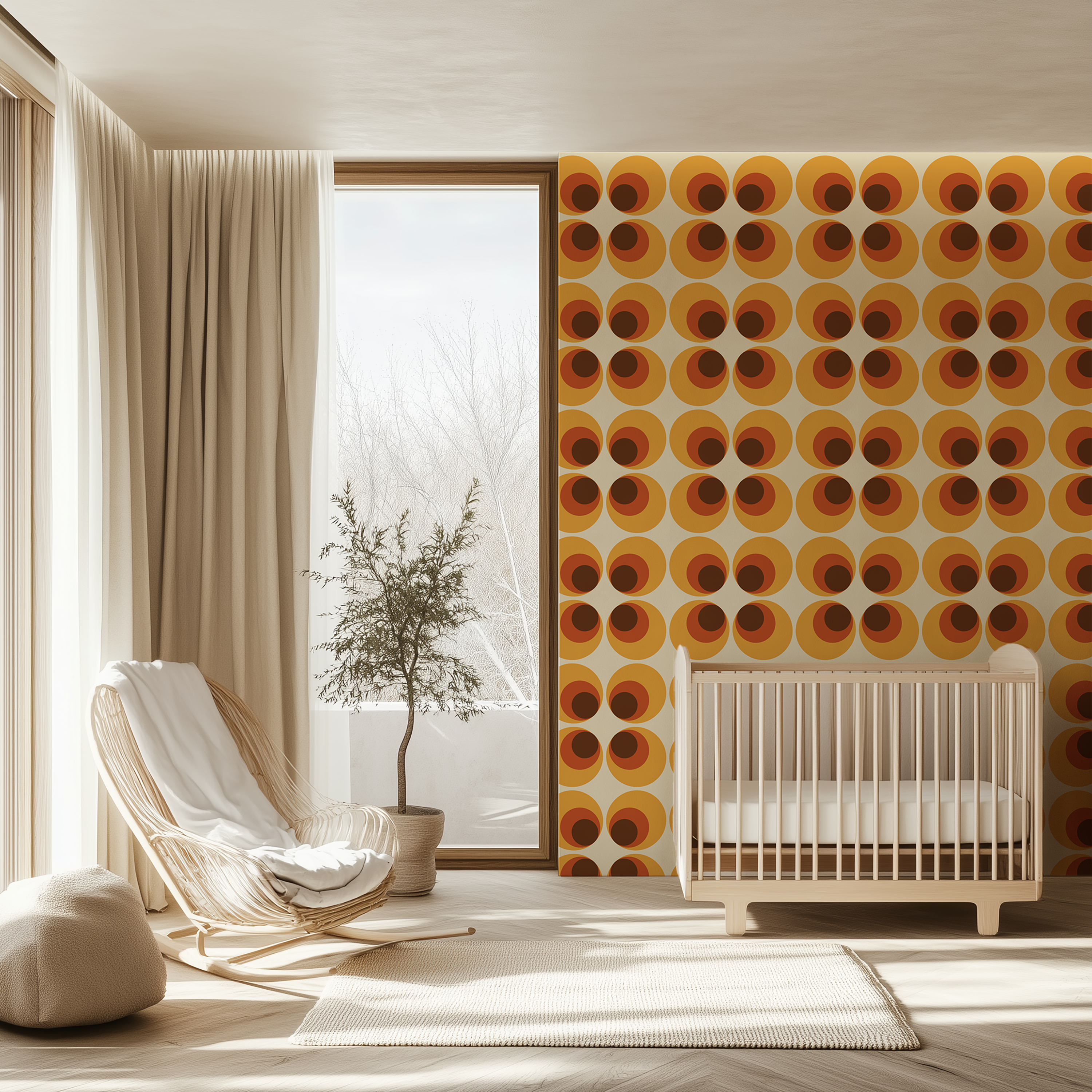 Retro geometric wallpaper with ochre, orange and brown circular patterns.