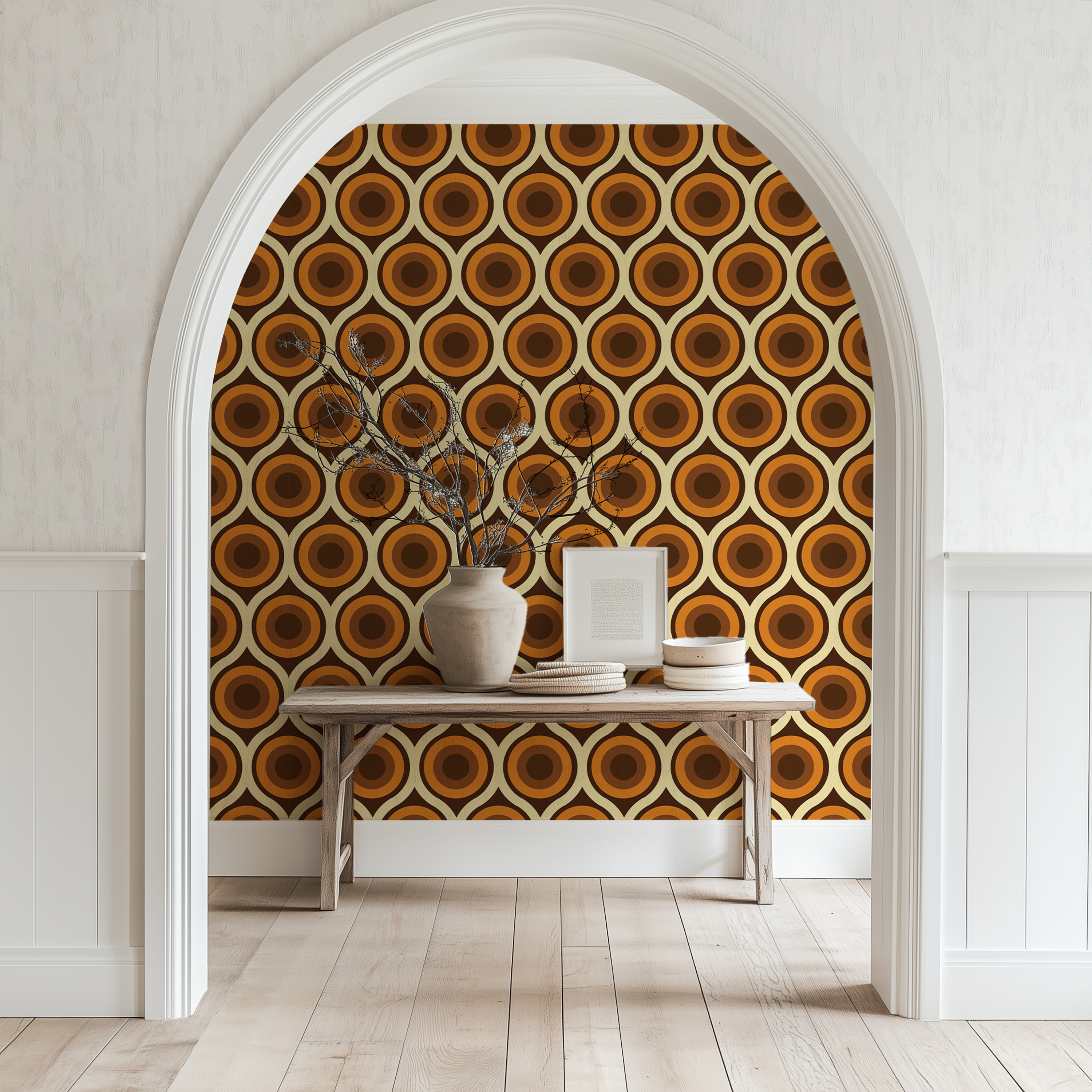 Retro Orbit Wallpaper with warm concentric circles inspired by 70s geometric and Mid-Century Modern design.