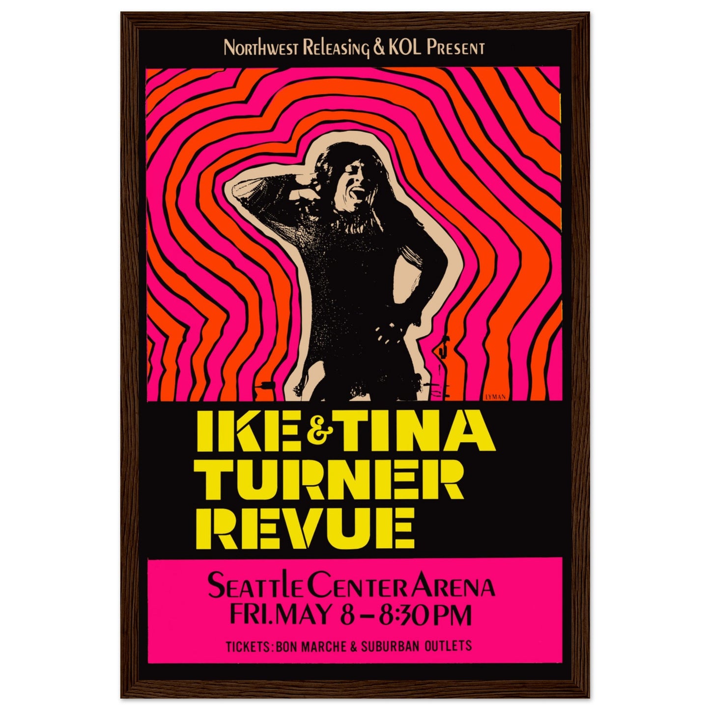 Retro soul concert poster featuring Ike and Tina Turner performing live — colorful vintage wall art for music lovers.