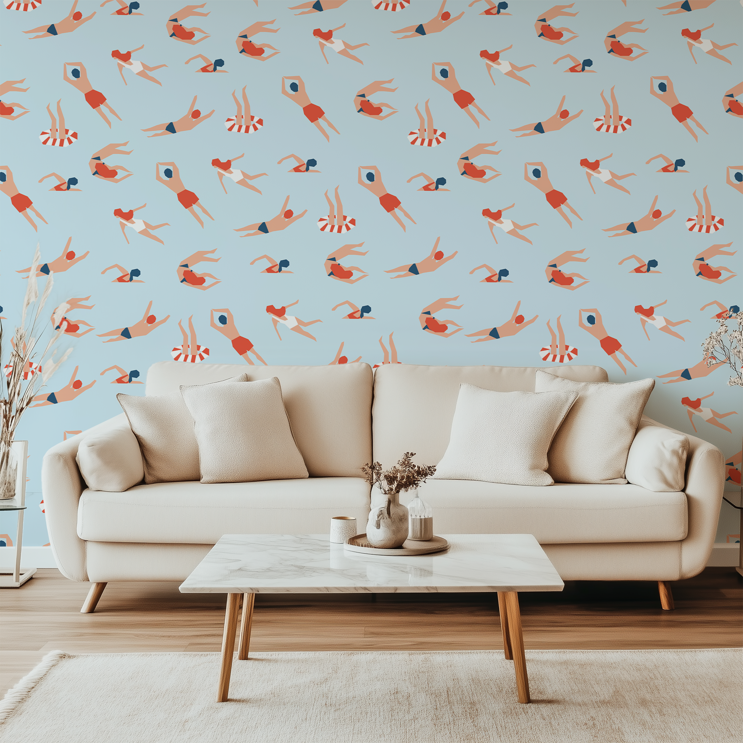 Retro Swimmers Wallpaper featuring vintage swimmers and pool floats on a soft blue background.