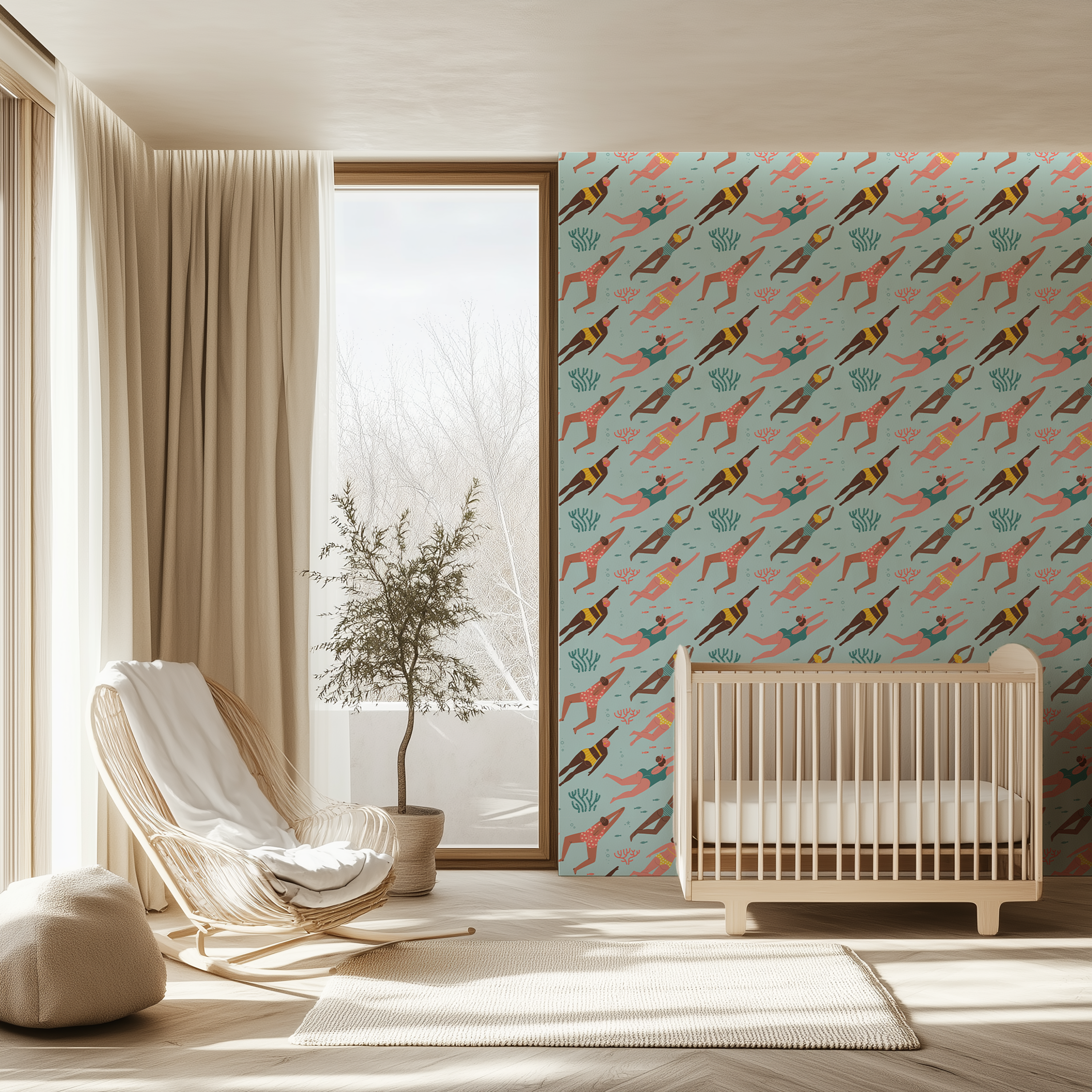 Retro swimming wallpaper featuring colourful swimmers and aquatic motifs