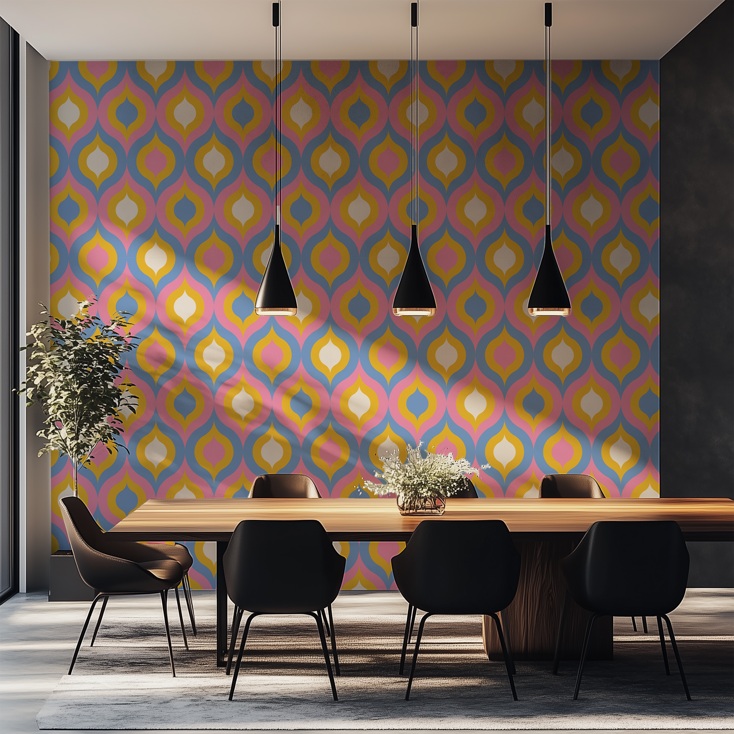 Retro tulip wallpaper inspired by 60s Mod and 70s geometric interior design.