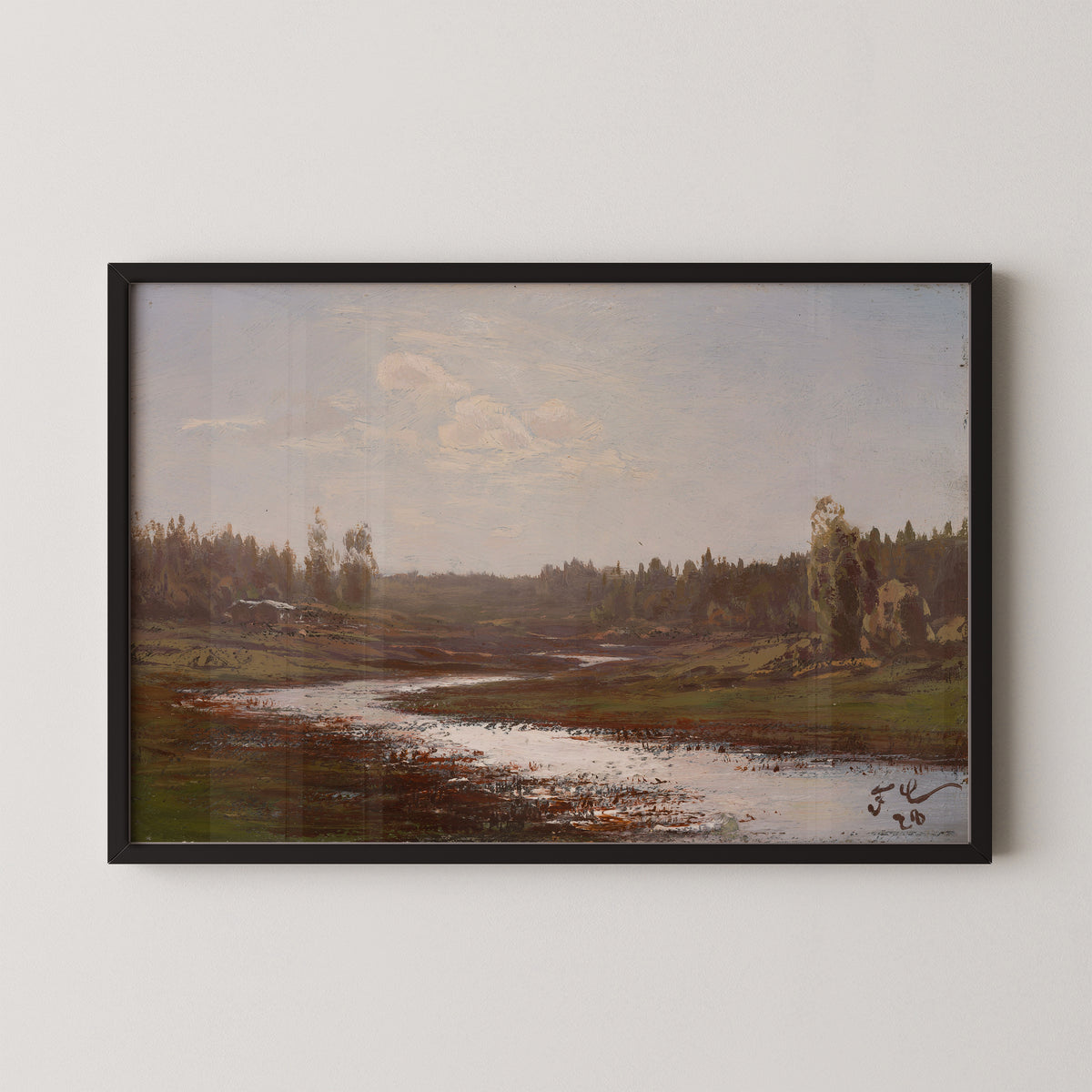 River Landscape by Fanny Churberg, art print in a black frame
