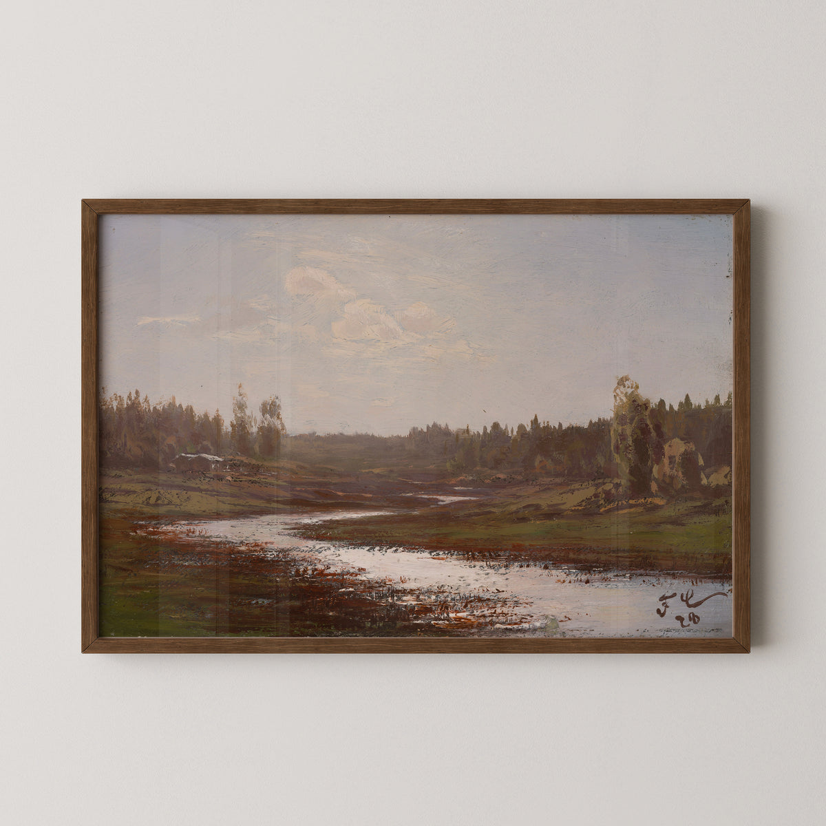 River Landscape by Fanny Churberg, art print in a dark wood frame