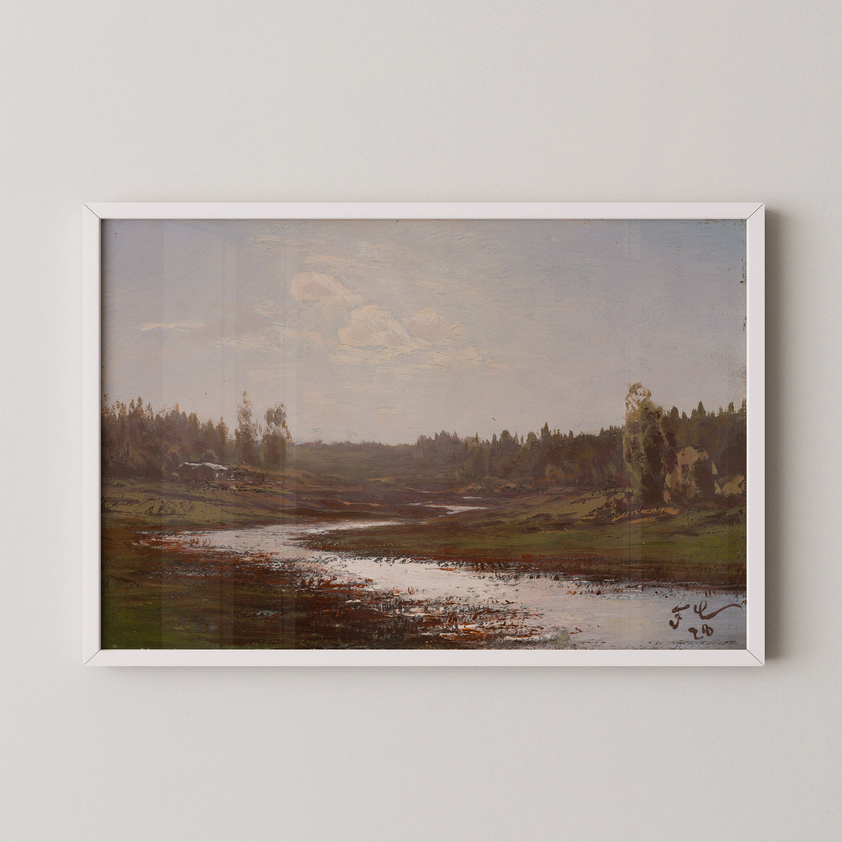 River Landscape by Fanny Churberg, art print in a white frame