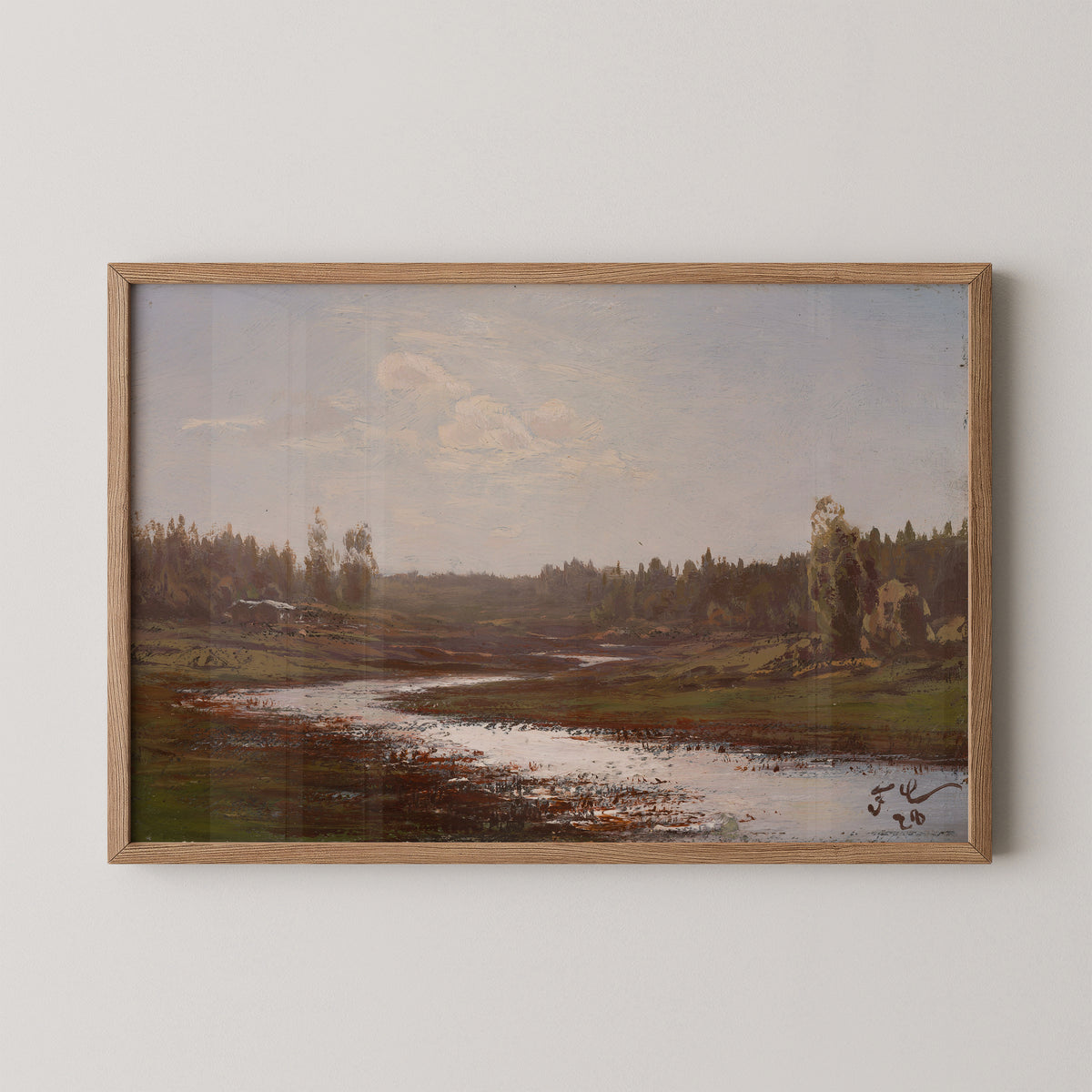 River Landscape by Fanny Churberg, art print in a natural wood frame