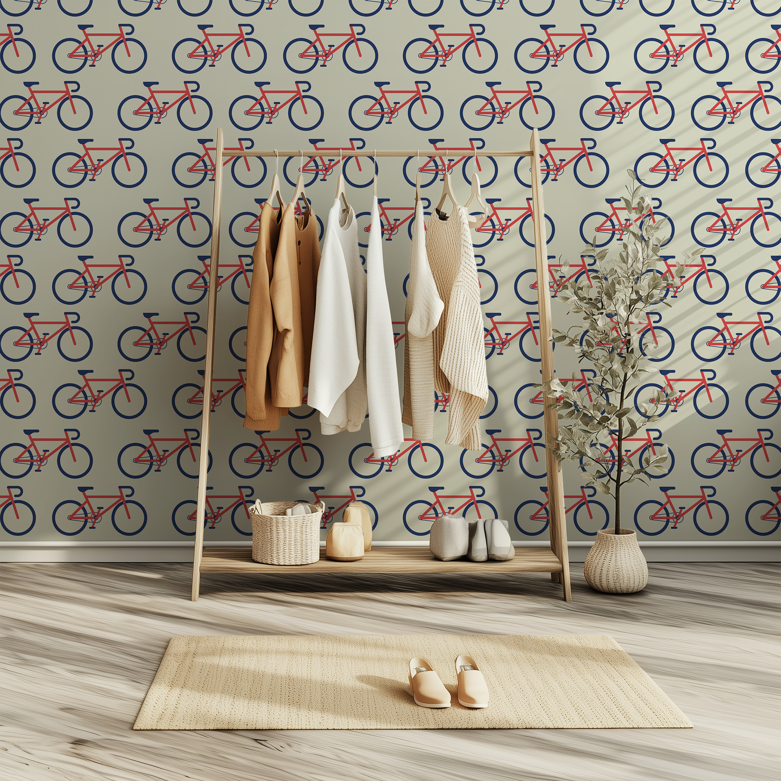 Road bike wallpaper with repeating red bicycles and navy wheels