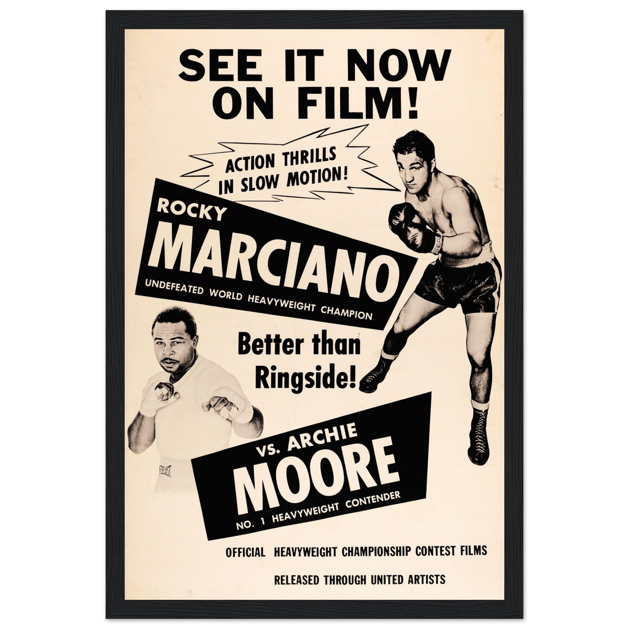 Iconic Rocky Marciano vs Michael Moorer boxing poster, celebrating a dream fight between two heavyweight legends. A must-have for boxing fans! Shop now!