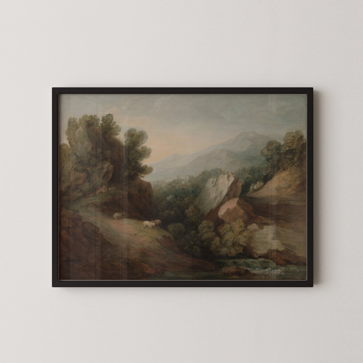 Rocky, Wooded Landscape with a Dell and Weir by Thomas Gainsborough, art print in a black frame