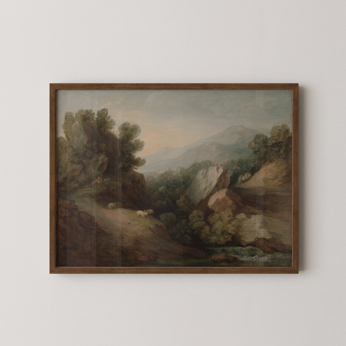 Rocky, Wooded Landscape with a Dell and Weir by Thomas Gainsborough, art print in a dark wood frame