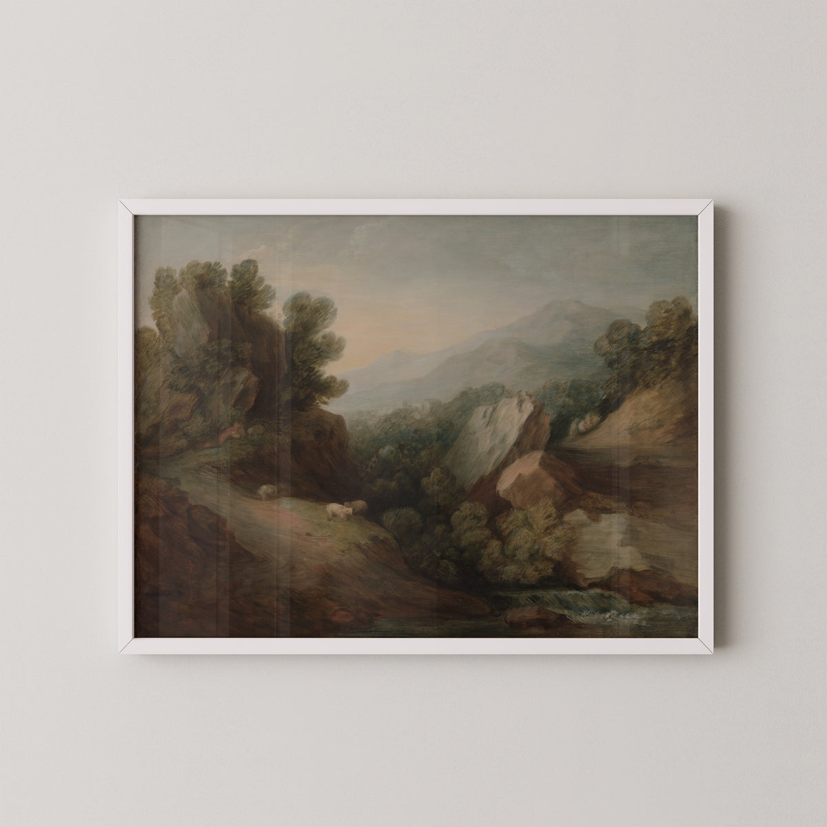Rocky, Wooded Landscape with a Dell and Weir by Thomas Gainsborough, art print in a white frame