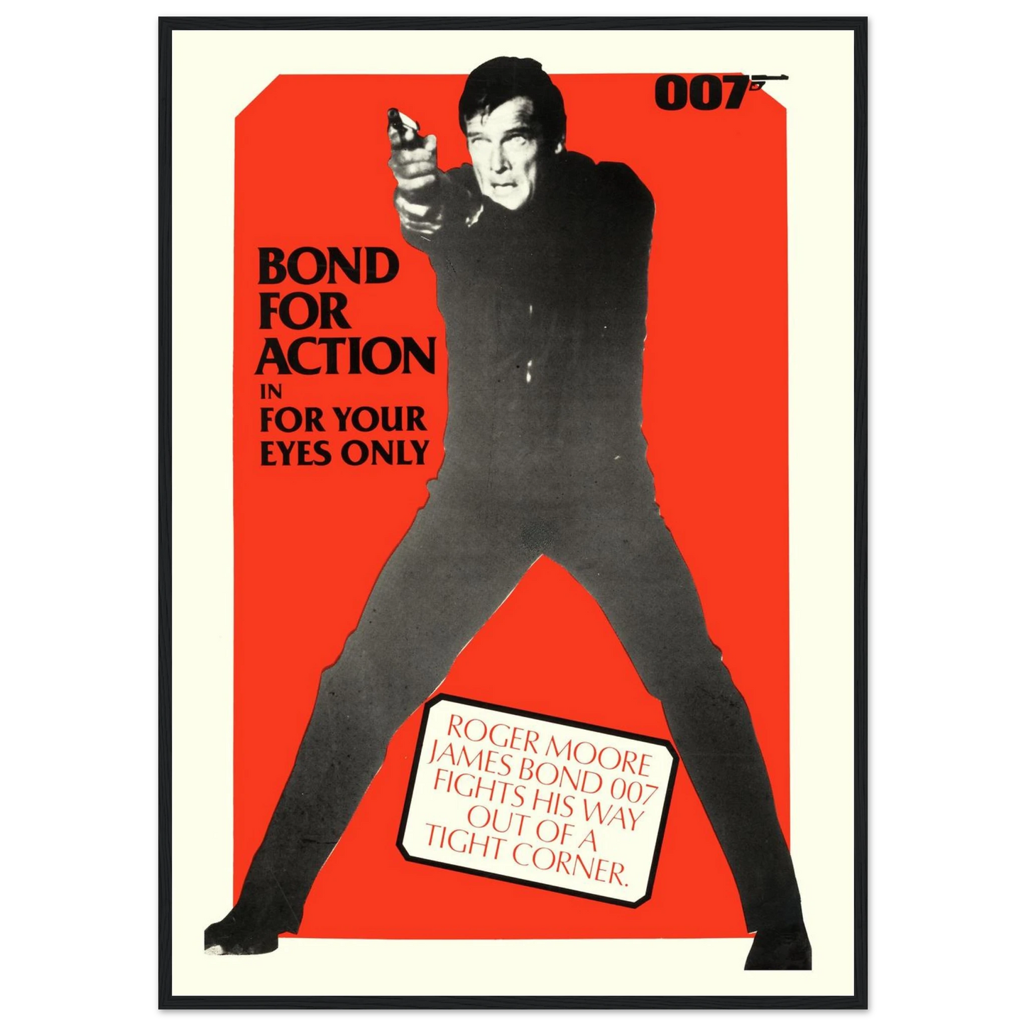 Wall art print featuring Roger Moore in For Your Eyes Only, celebrating the golden era of James Bond with vibrant 80s-style artwork.