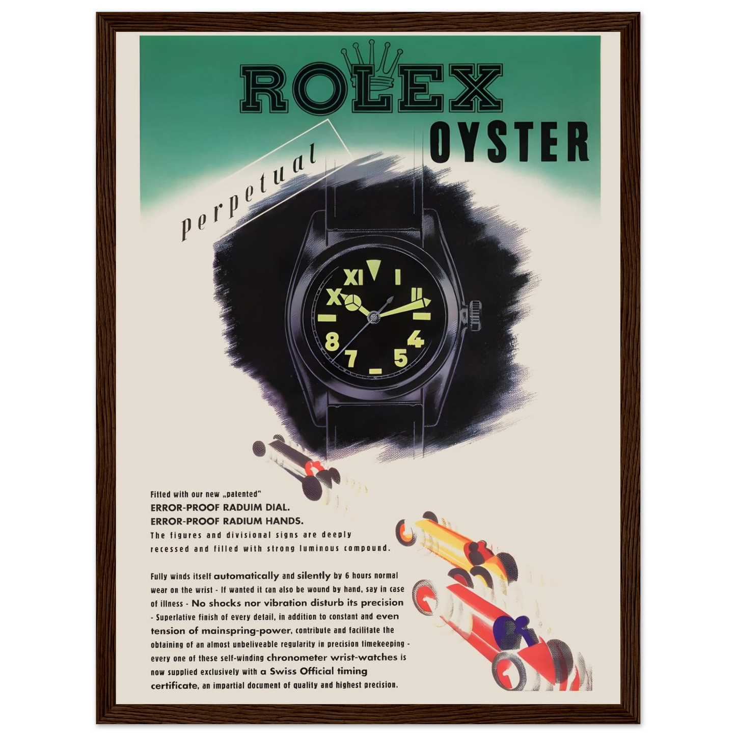 Art poster featuring the Rolex Oyster Perpetual, showcasing classic Swiss watch design and mechanical excellence for luxury interiors.