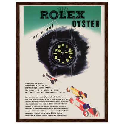 Art poster featuring the Rolex Oyster Perpetual, showcasing classic Swiss watch design and mechanical excellence for luxury interiors.