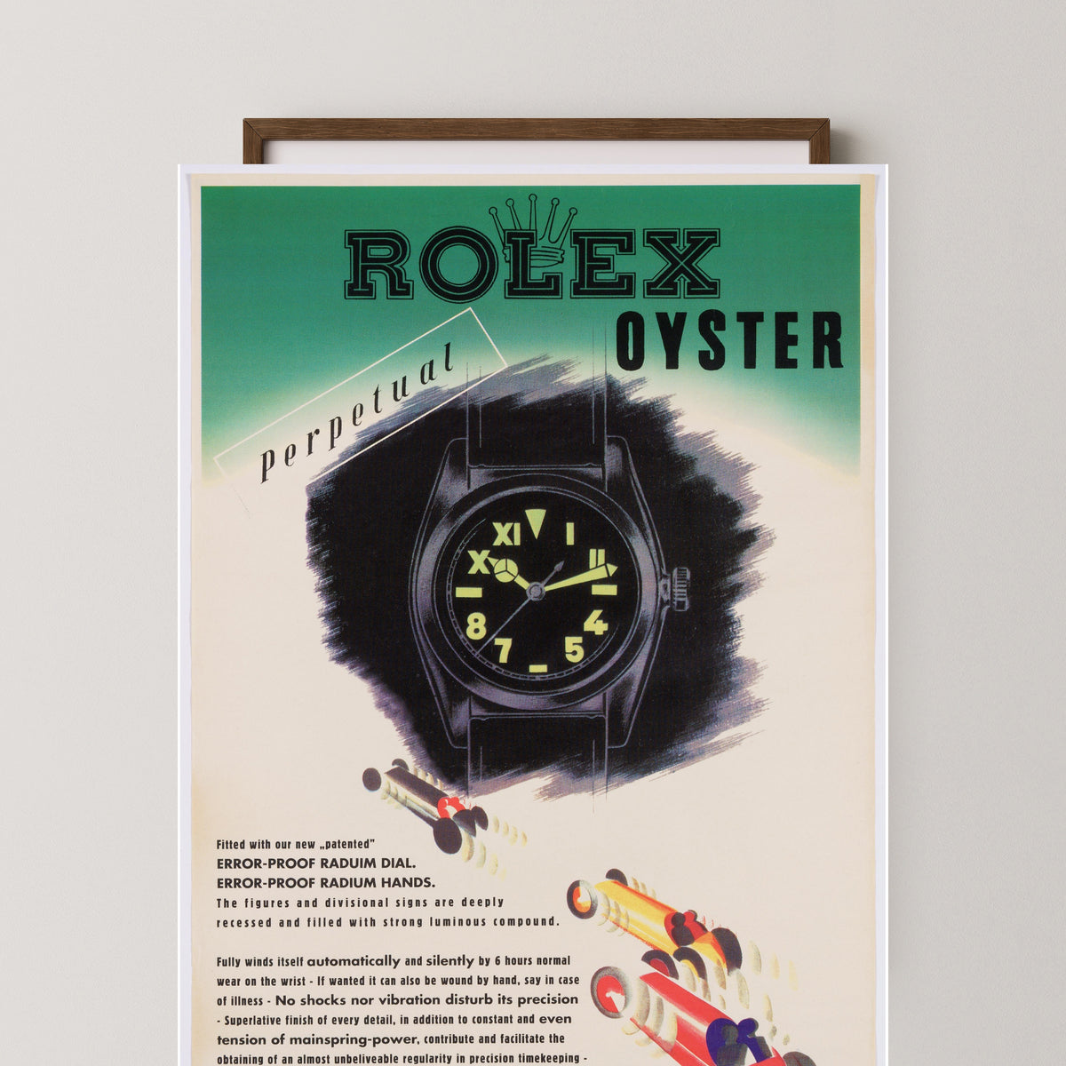 Rolex Oyster Perpetual Movement Poster – dark wood frame mockup