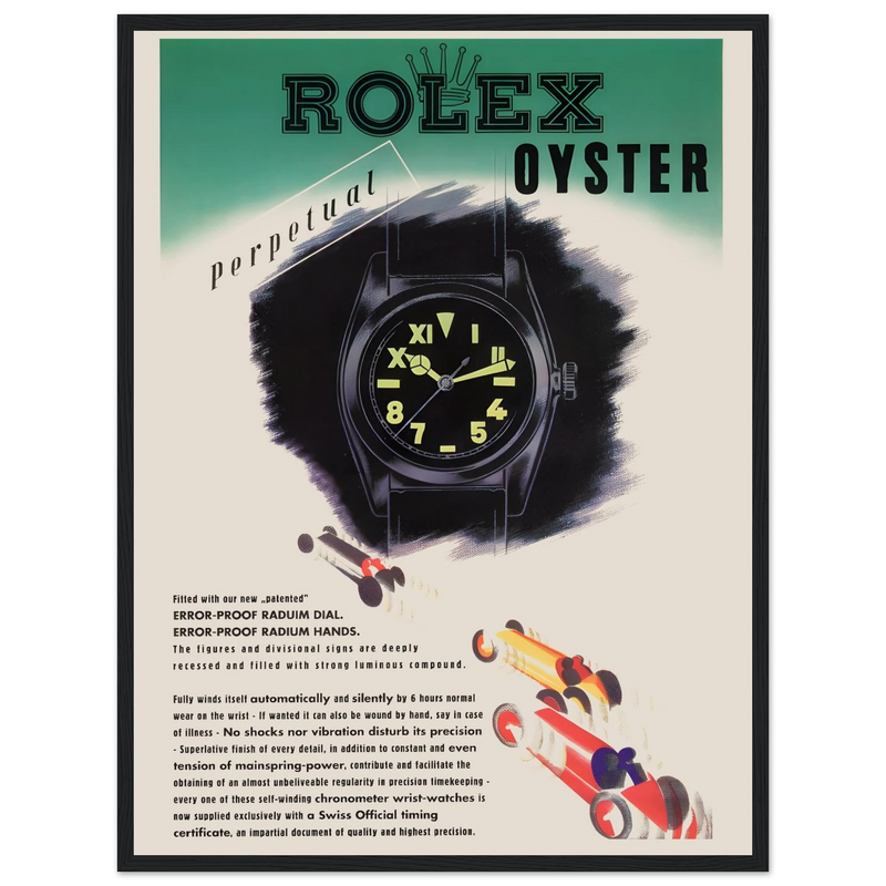 Honor timeless craftsmanship with this Rolex Oyster Perpetual poster, a refined tribute to one of the most iconic Swiss timepieces ever made. Known for its pioneering waterproof design and legendary self-winding movement, the Oyster Perpetual is a true symbol of precision, elegance, and legacy in horology. This vintage-style print is perfect for luxury watch collectors, Rolex enthusiasts, and those with a taste for mechanical excellence. Whether displayed in a home office, boutique, or modern loft, this art