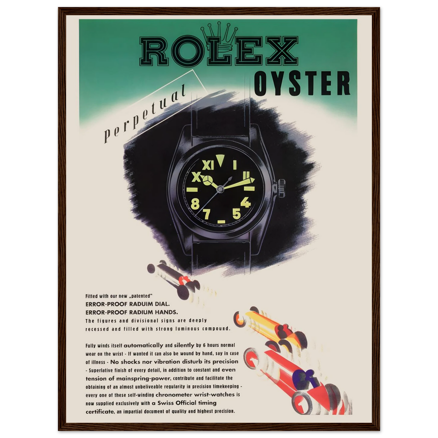 Luxury poster of the Rolex Oyster Perpetual watch, celebrating Swiss craftsmanship, precision, and timeless design in horological history.