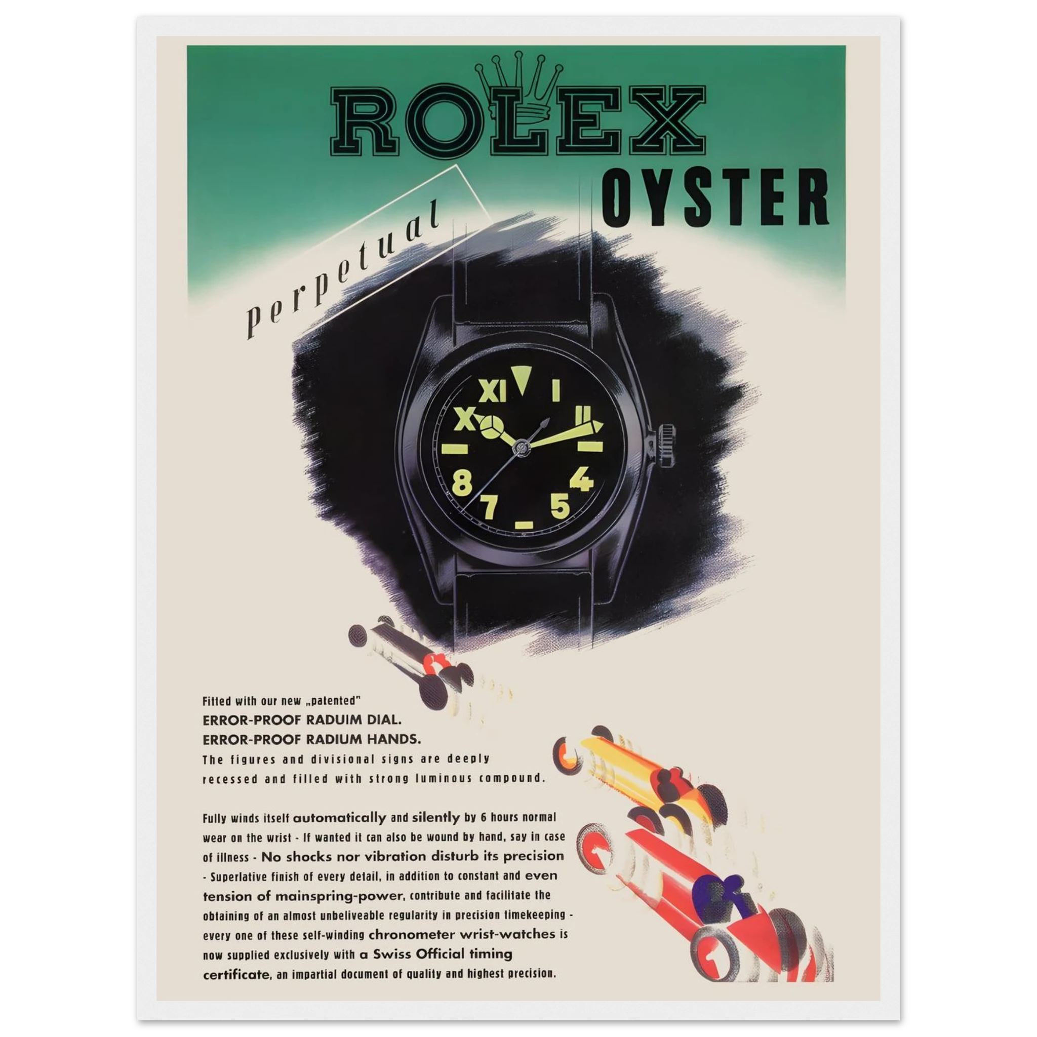 Vintage-style print of the Rolex Oyster Perpetual, a tribute to the world’s first waterproof automatic wristwatch and Swiss innovation.