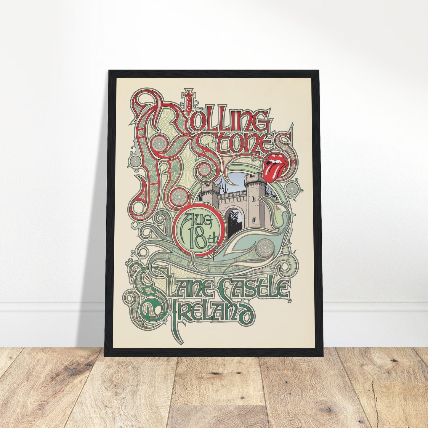 Vintage Rolling Stones concert poster from Slane Castle Ireland with ornate psychedelic design