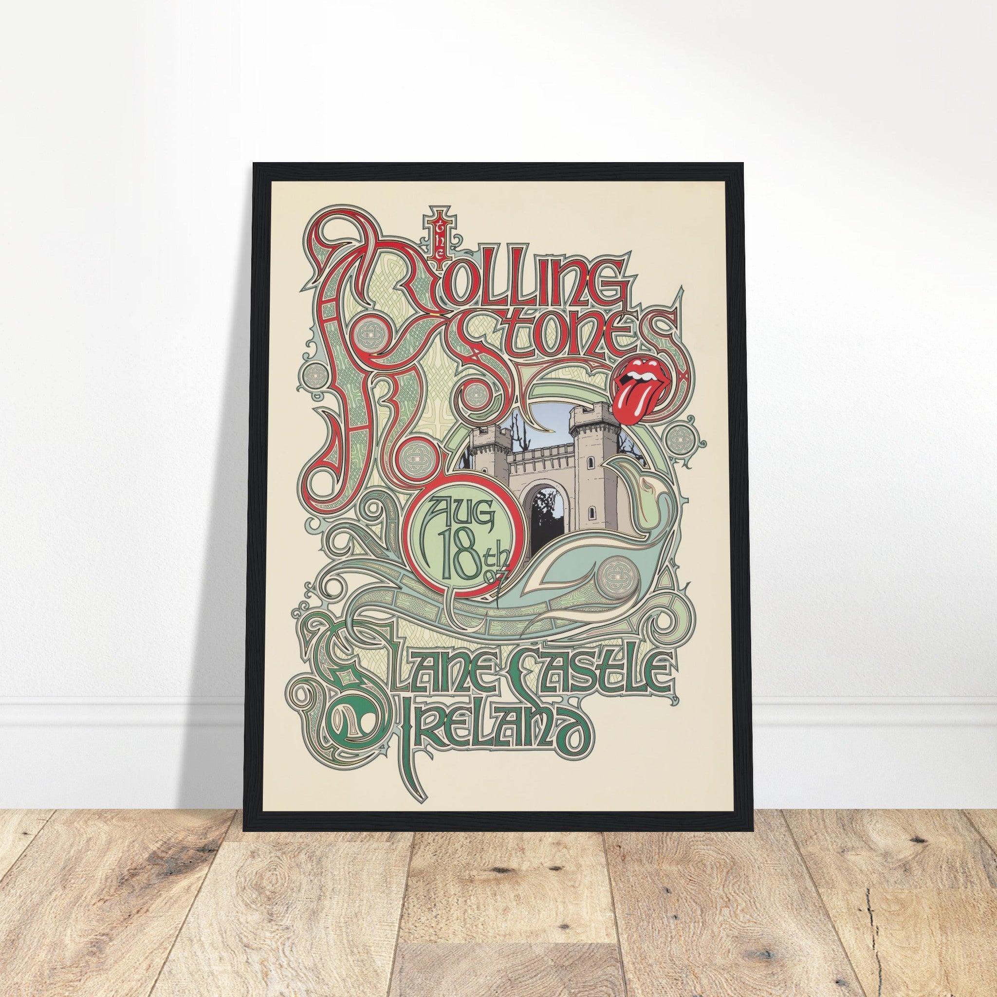 Vintage Rolling Stones concert poster from Slane Castle Ireland with ornate psychedelic design